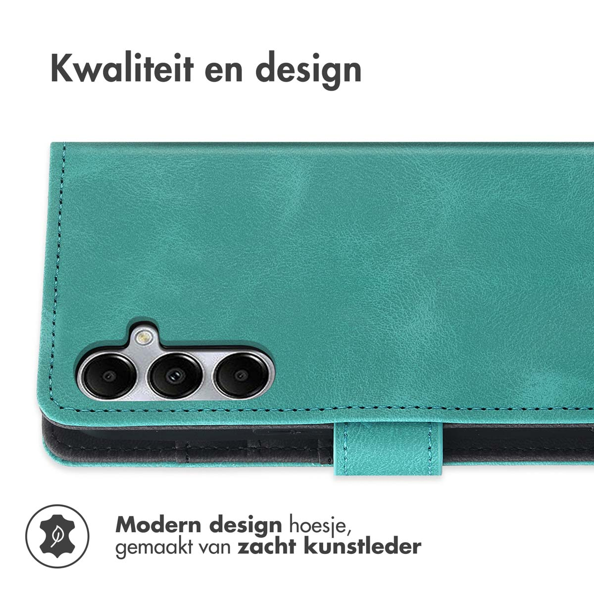 Étui de téléphone en cuir bleu-vert. Texte: 'Qualité et design'. Fabriqué en similicuir souple.