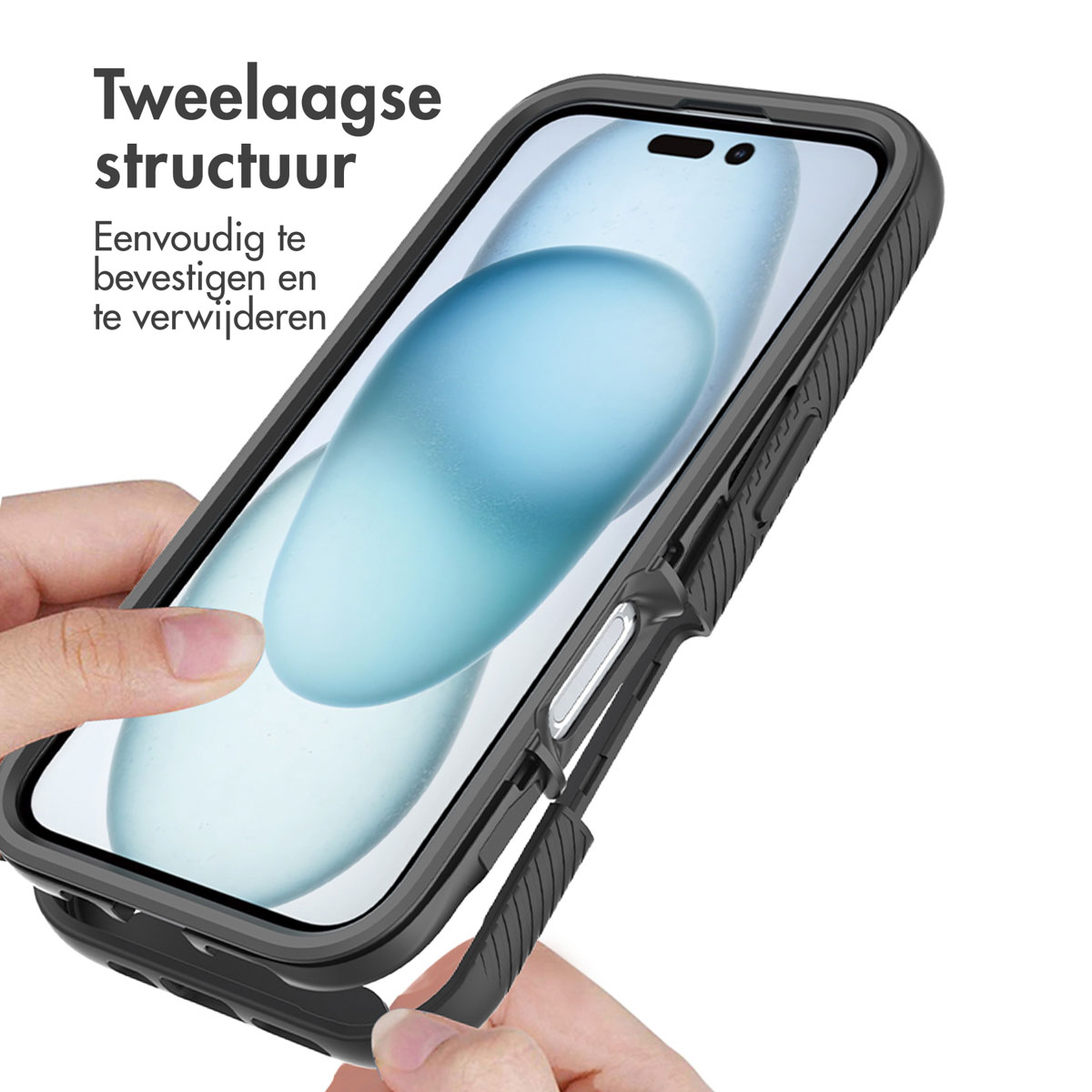 Mano che tiene un telefono con una custodia a struttura a due strati. Testo 'Struttura a due strati'.