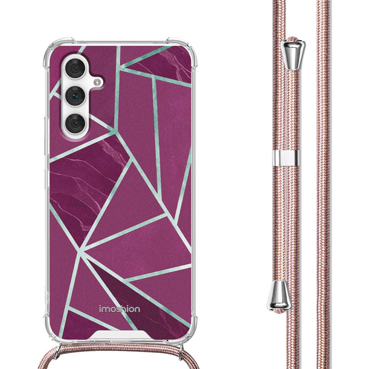 Paarse geometrische telefoonhoes met bijpassend koord. De hoes heeft een heldere rand.