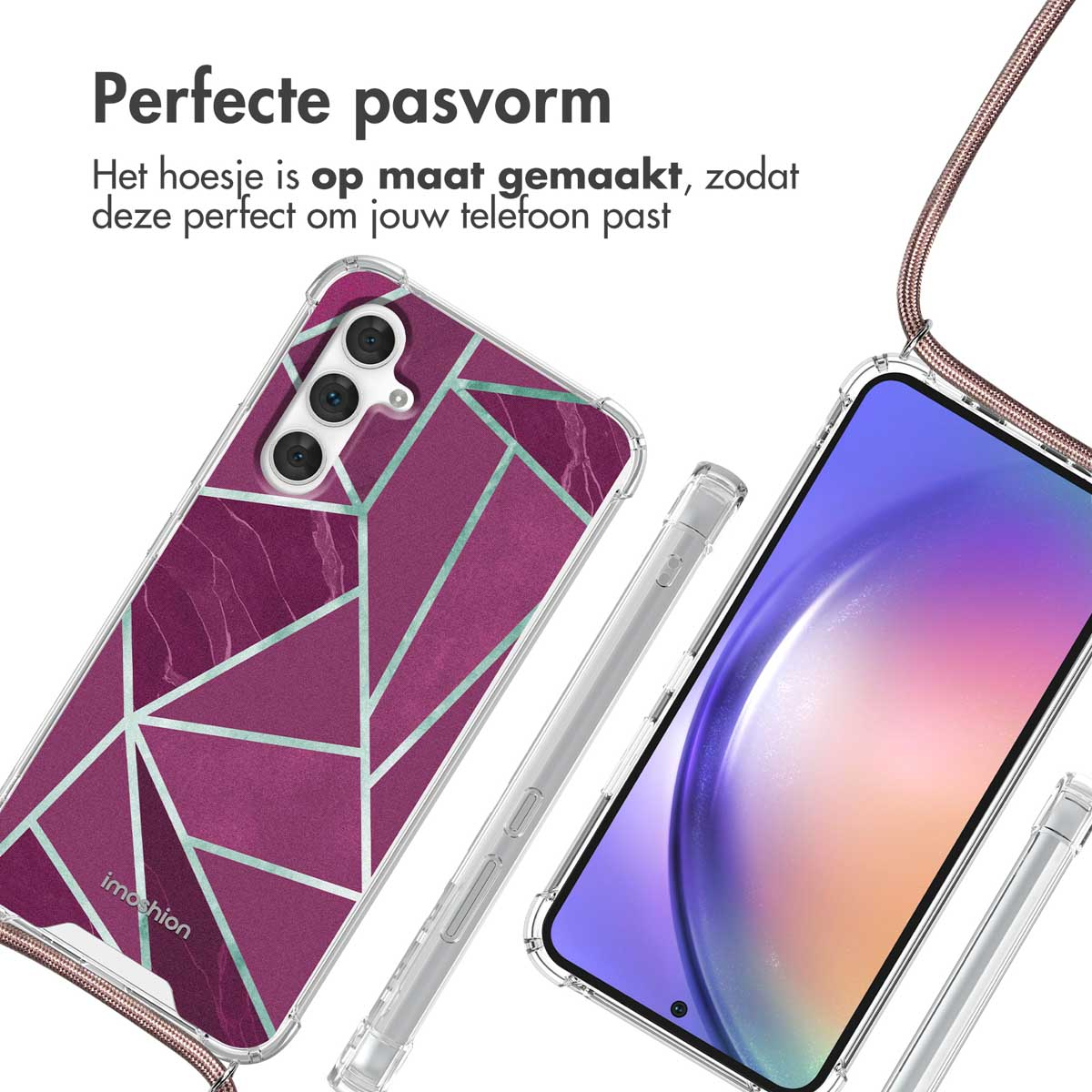 Twee telefoonhoesjes. Eén paars met een geometrisch ontwerp, de andere is transparant. Tekst: Perfecte pasvorm.
