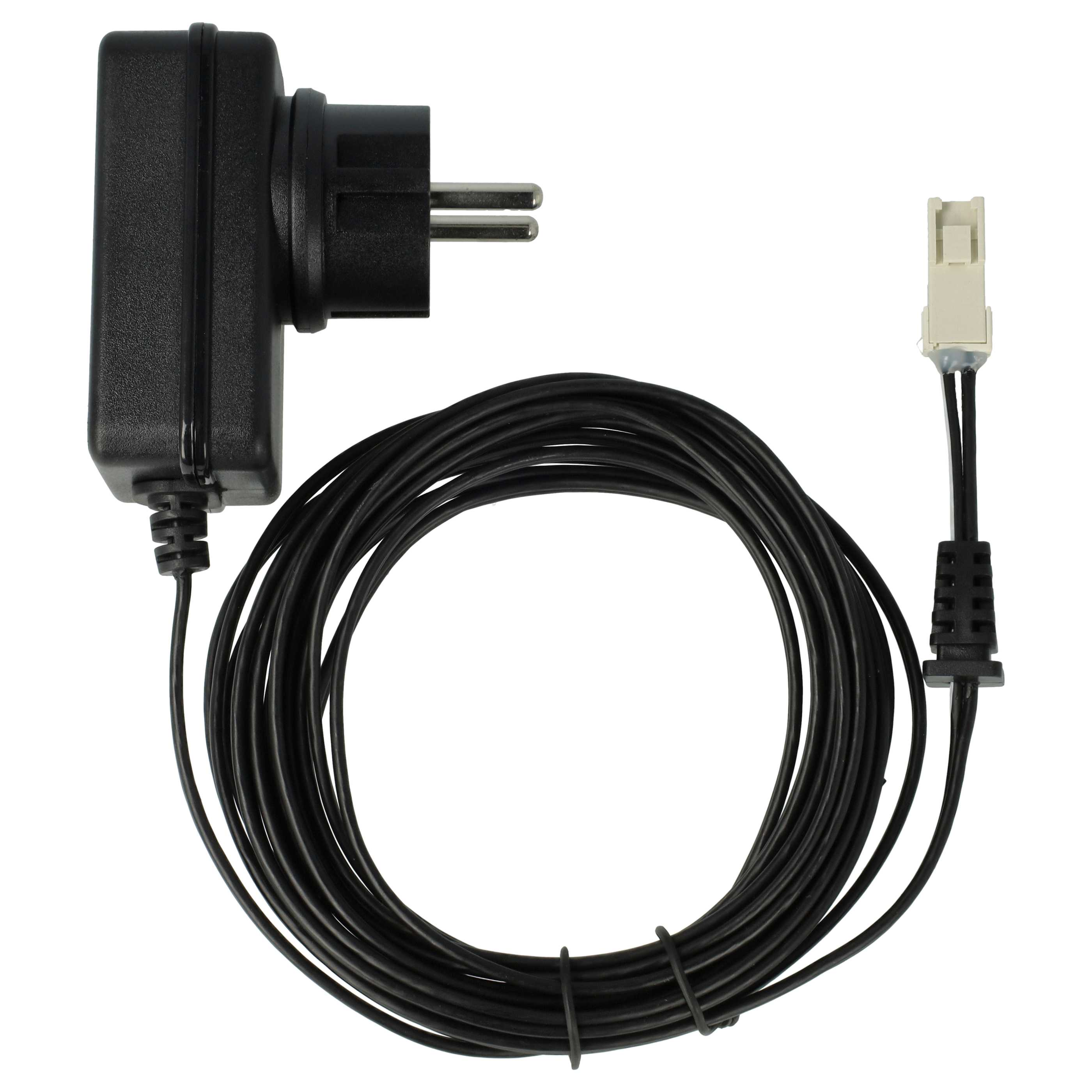Schwarzes Netzteil mit Stecker und gewickeltem Kabel. Weißer Hintergrund.