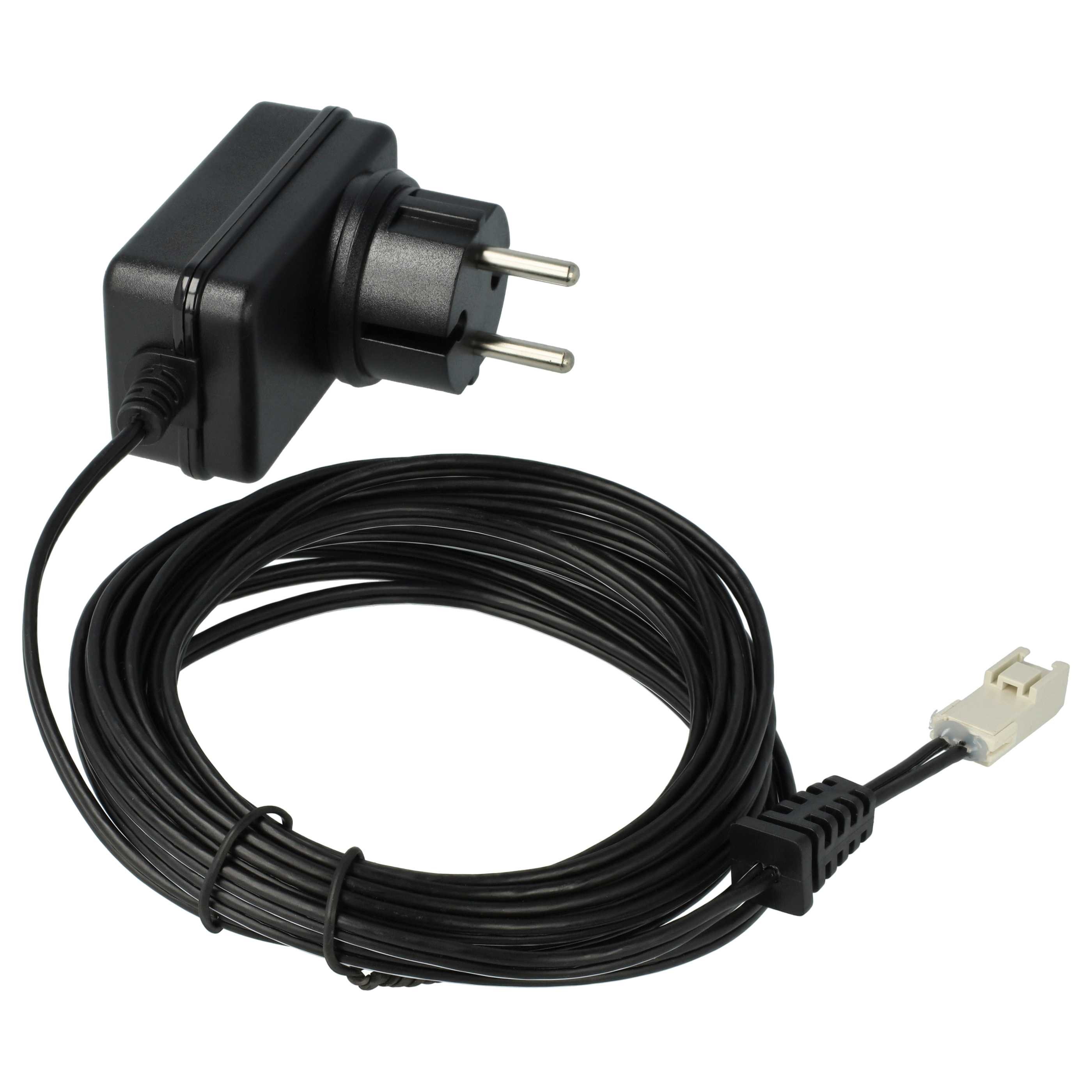 Schwarzes Netzteil mit langem schwarzen Kabel und weißem Stecker. Zweipoliger Eurostecker.
