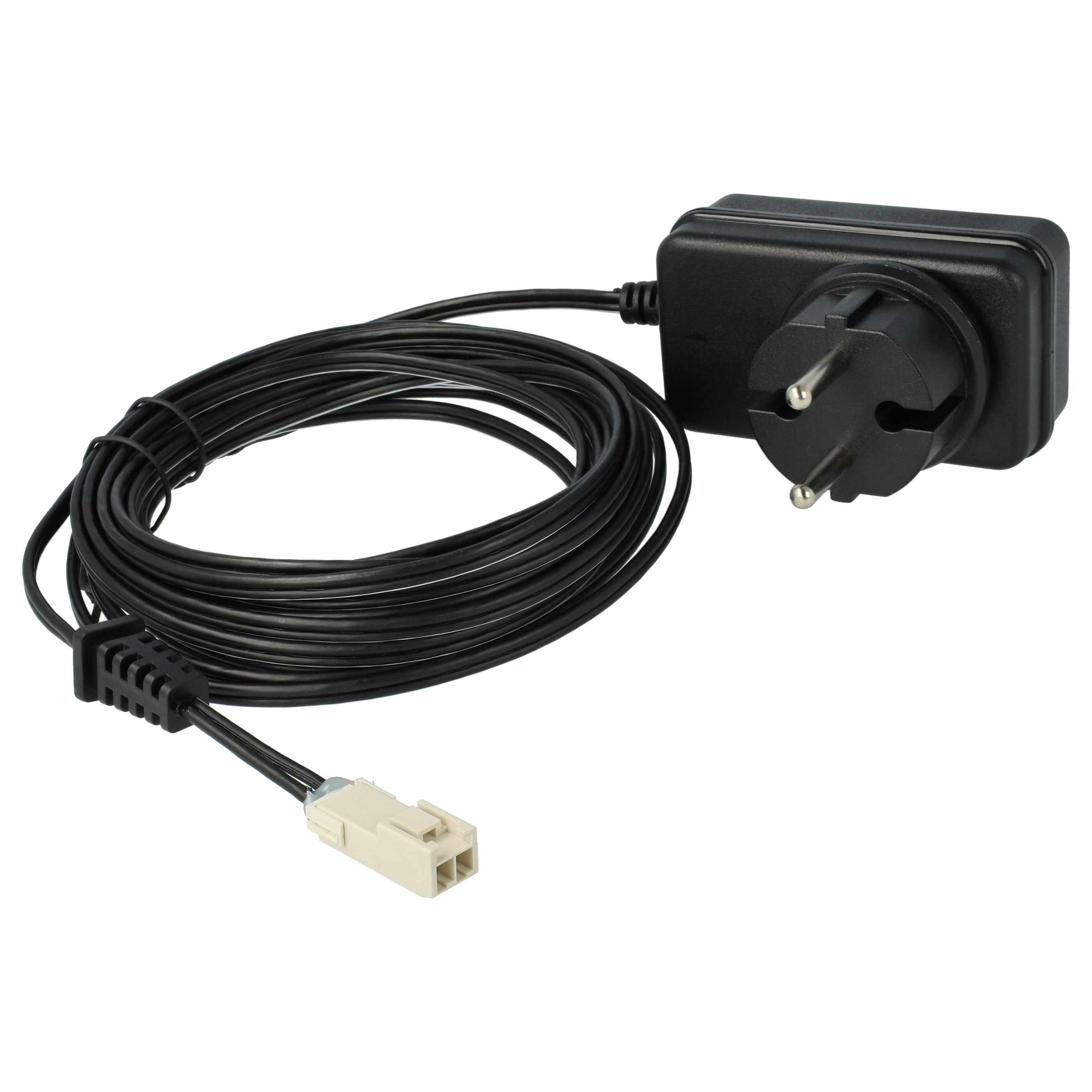 Schwarzes Netzteil mit langem schwarzen Kabel und weißem Stecker. Zweipoliger Eurostecker.