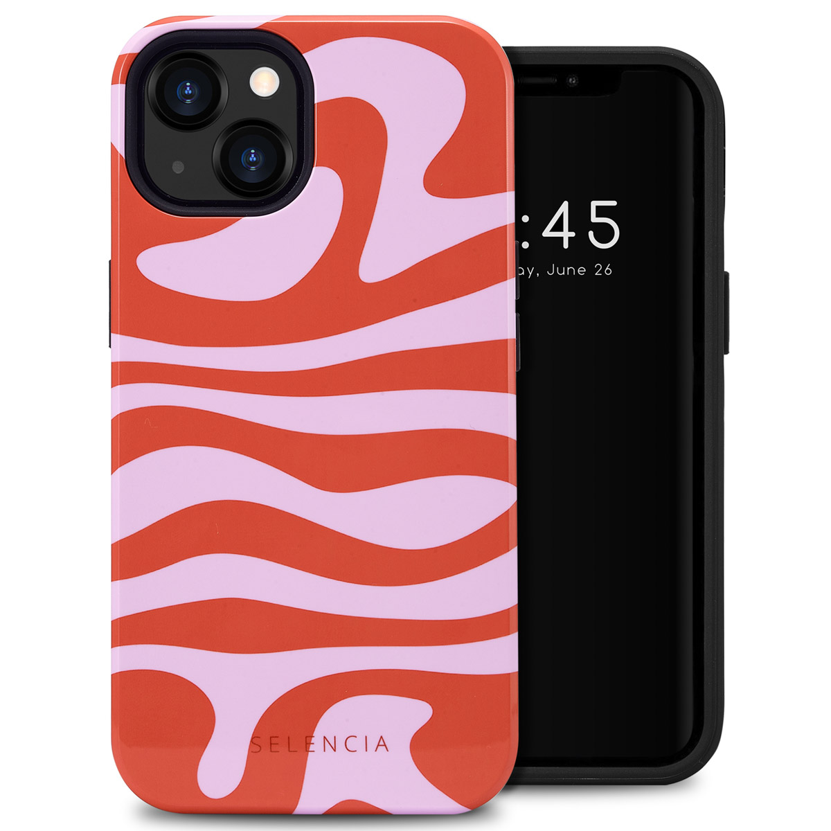Coque de téléphone à motif ondulé orange et rose sur un téléphone noir.