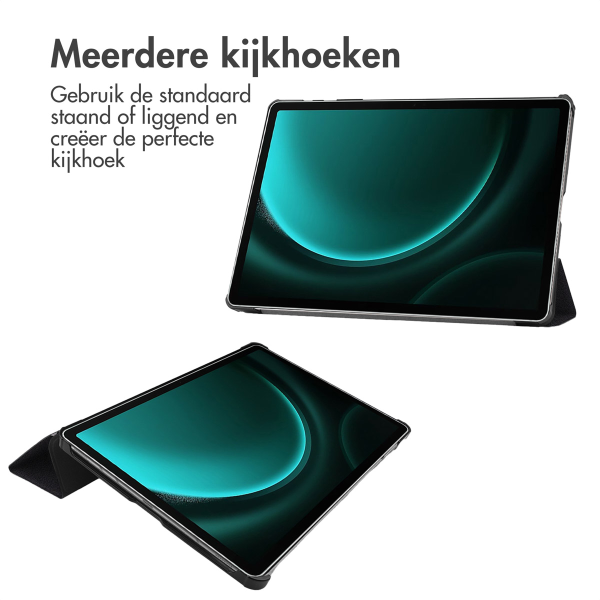 Twee tablets in hoezen, één schuin omhoog, de andere plat, beide met een groen scherm.