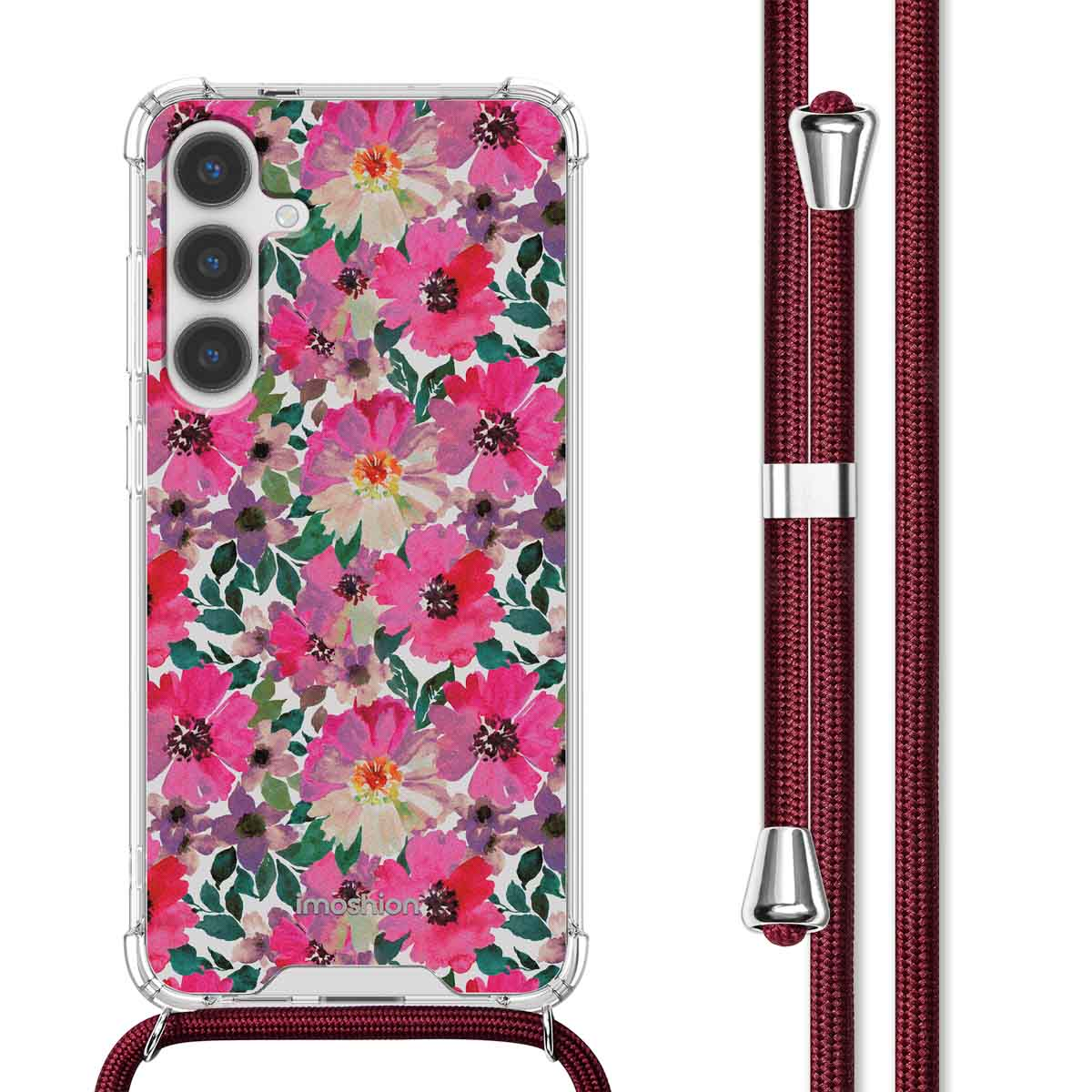 Une coque de téléphone florale avec un cordon. Fleurs roses sur fond blanc.
