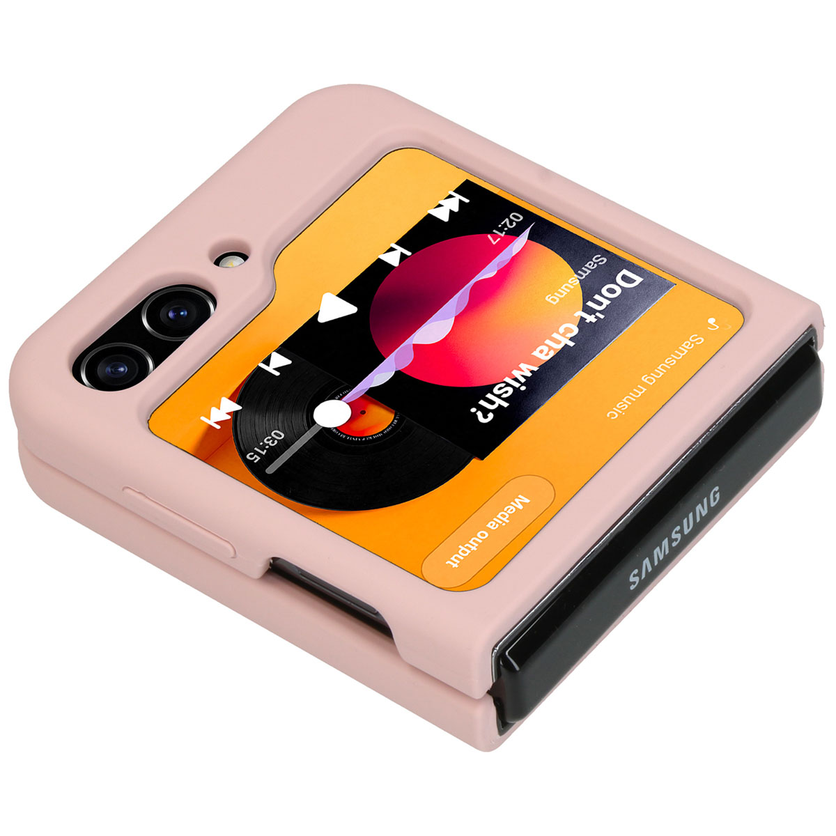 Custodia rosa con musica sullo schermo. Il telefono è piegato.