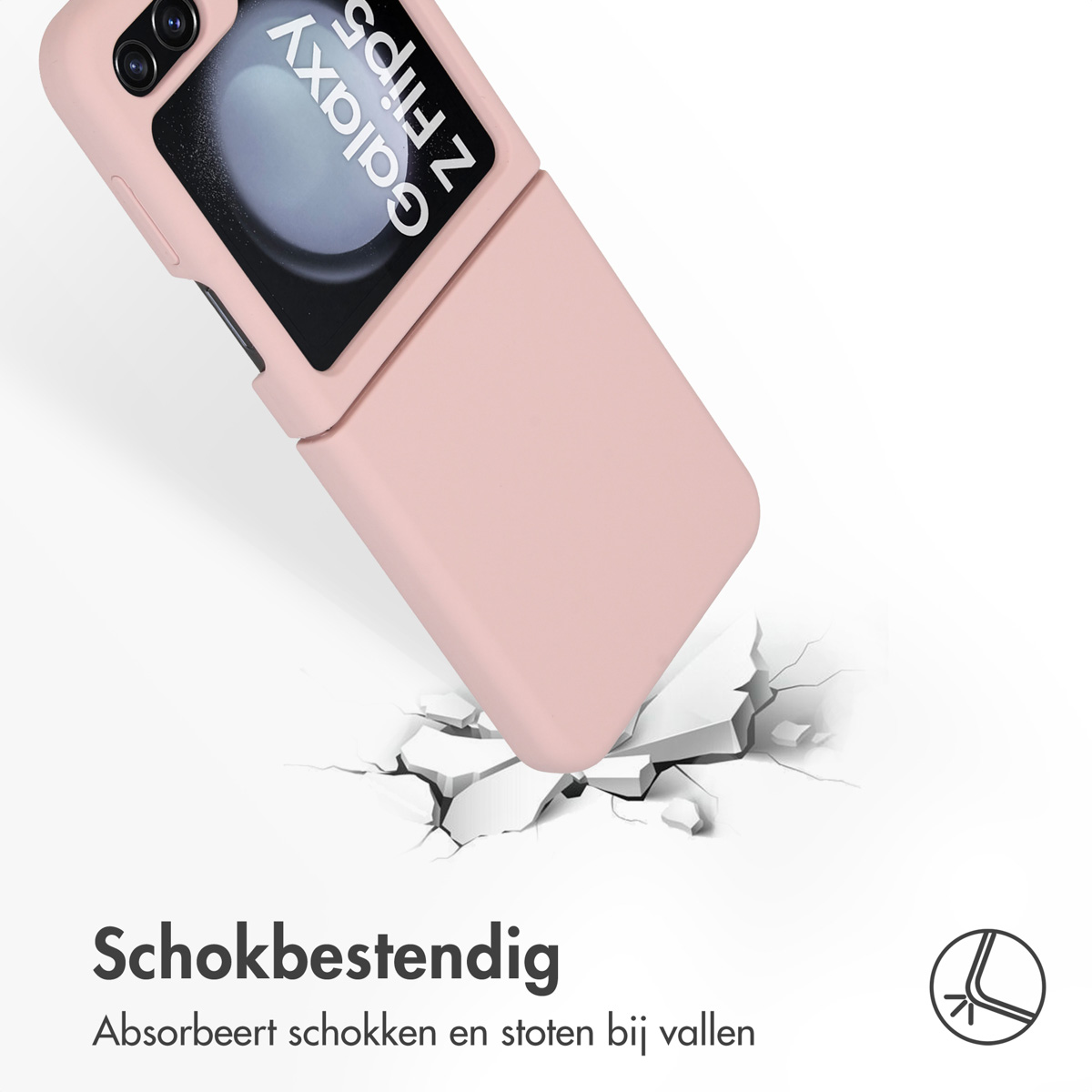 Impatto della custodia del telefono. La custodia è rosa e il terreno sottostante si spacca, mostrando la resistenza agli urti.
