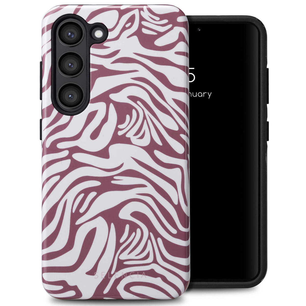 Téléphone dans une coque à imprimé zèbre. Téléphone visible à droite.