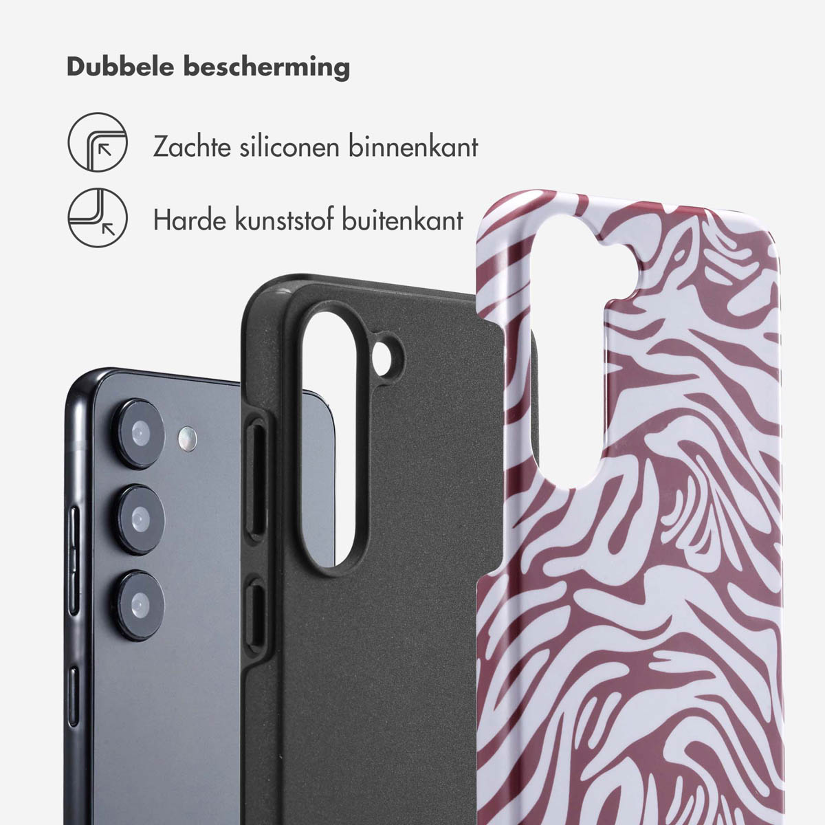 Un téléphone avec un étui. L'étui est composé de deux parties : un intérieur souple et un extérieur dur.