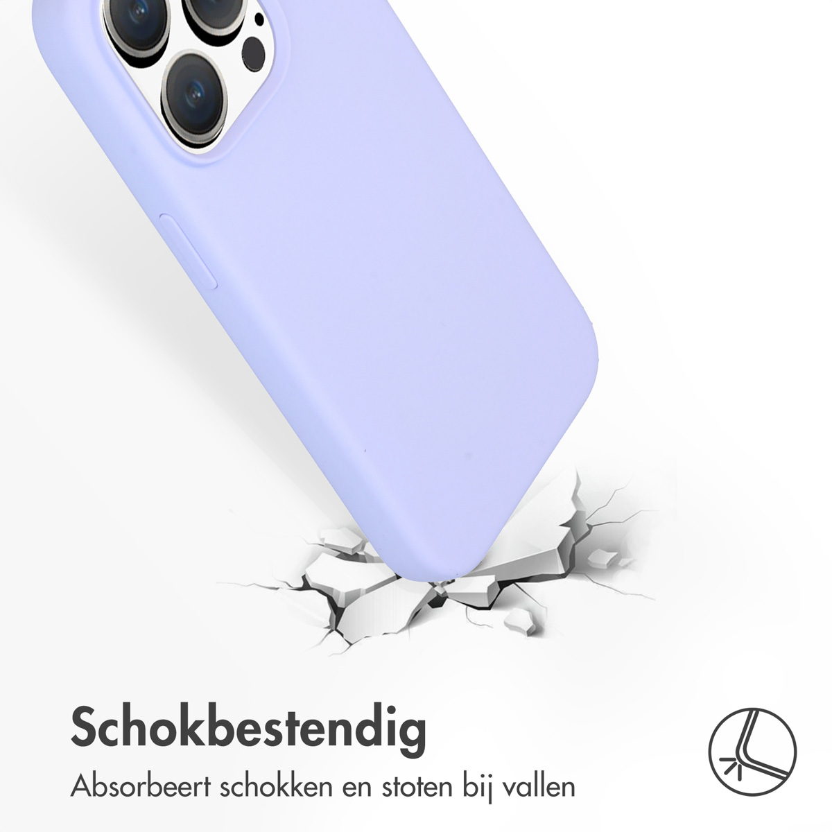 Eine hellviolette Handyhülle ist zerbrochen. Text: Stoßfest. Absorbiert Stöße und Stöße beim Fallen.