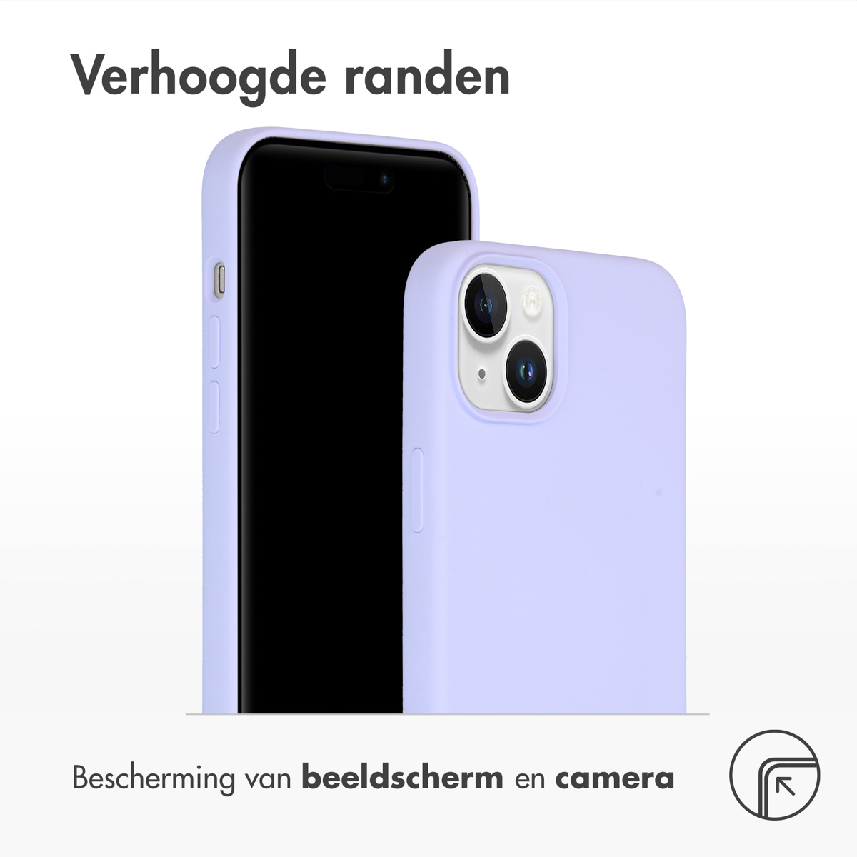Twee telefoons naast elkaar met lila hoesjes. Tekst: Bescherming van scherm en camera. Verhoogde randen.