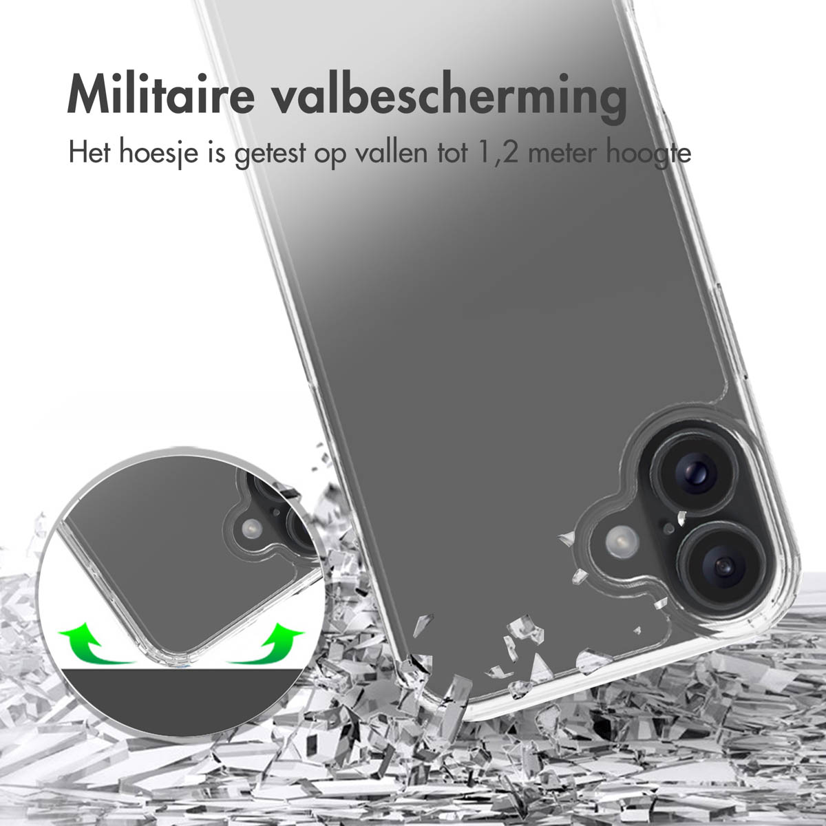 Custodia trasparente con telefono dentro, mostra impatto e crepe. Protezione caduta.