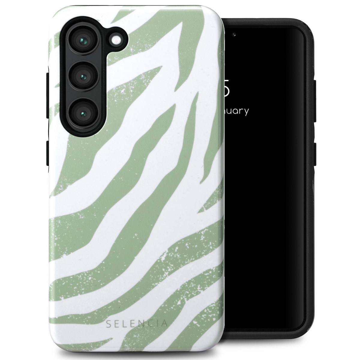 Coque de téléphone avec des rayures zébrées vertes et blanches. Le téléphone a trois caméras. Selencia est imprimé.