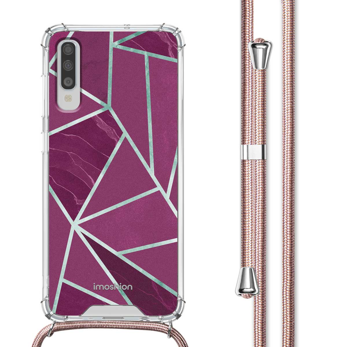 Téléphone avec une coque violette et turquoise avec une sangle rose. Il y a un motif géométrique au dos.