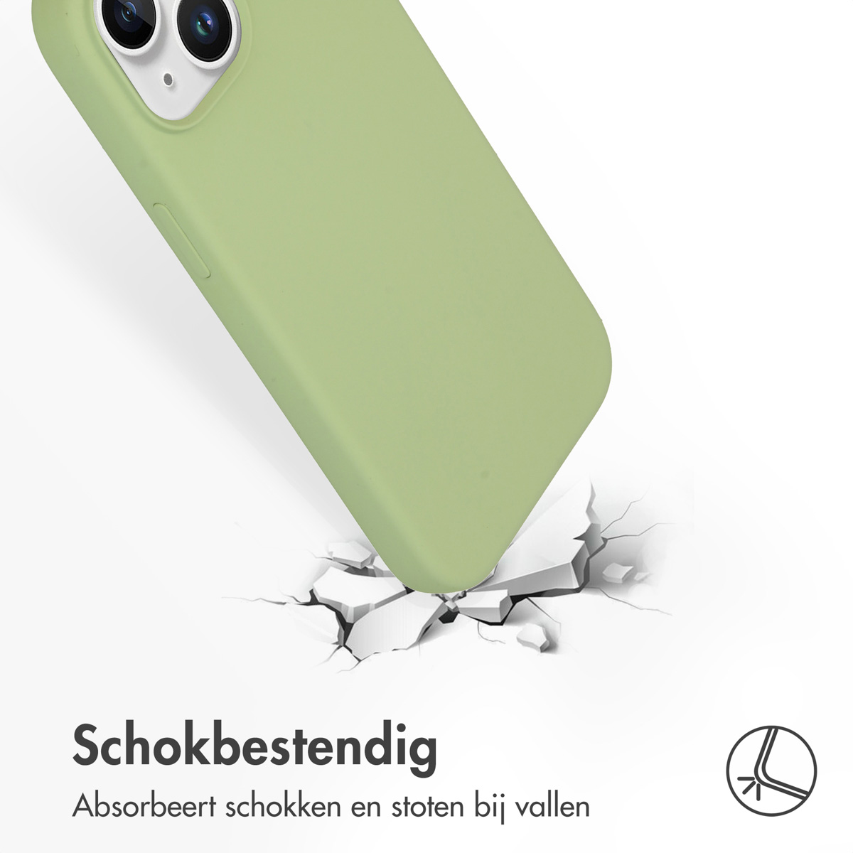 Groene telefoonhoes valt, scheuren verschijnen. Witte achtergrond. Tekst: Schokbestendig (schokbestendig).