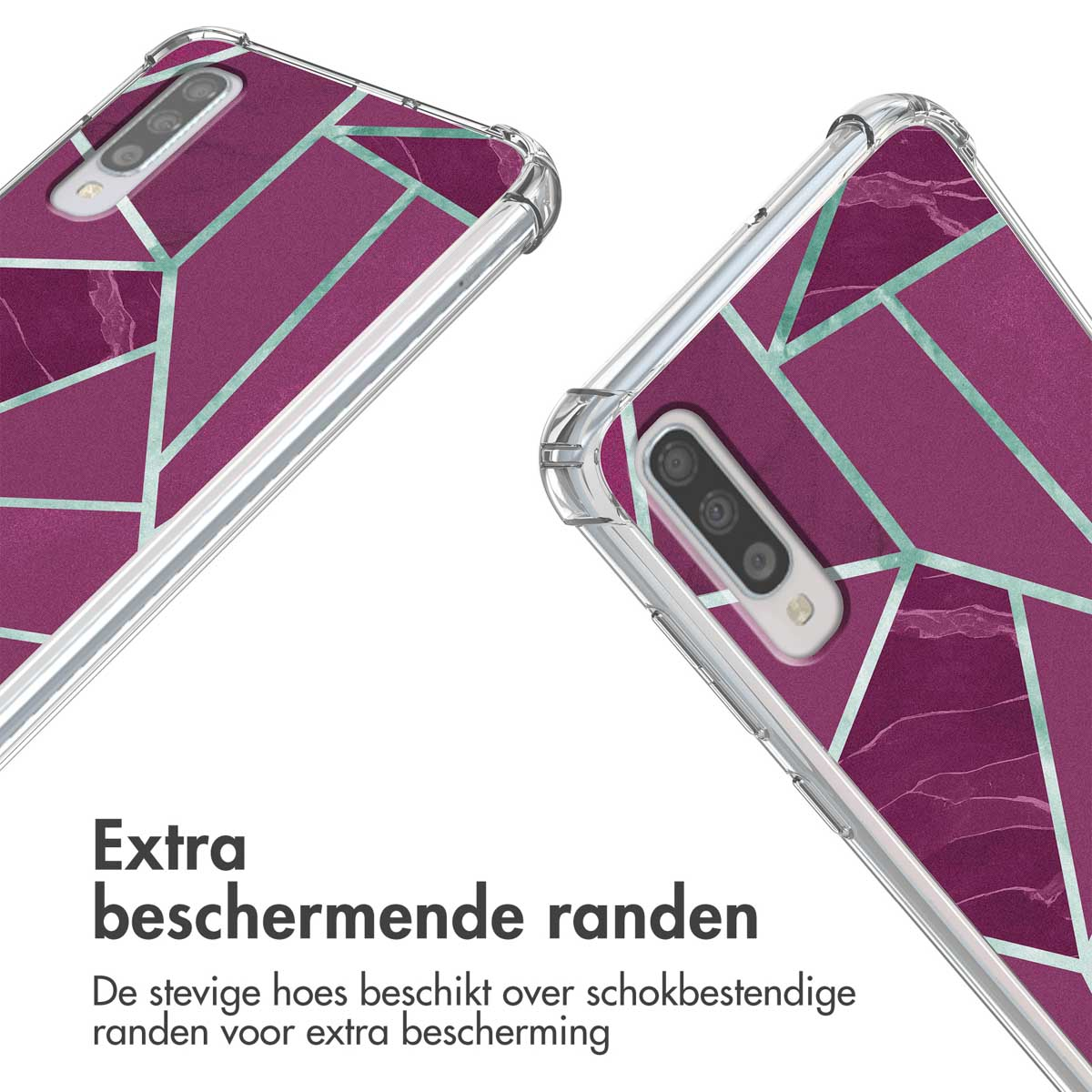 Coque de téléphone avec un motif géométrique violet avec des lignes vertes. La coque a des bords transparents.