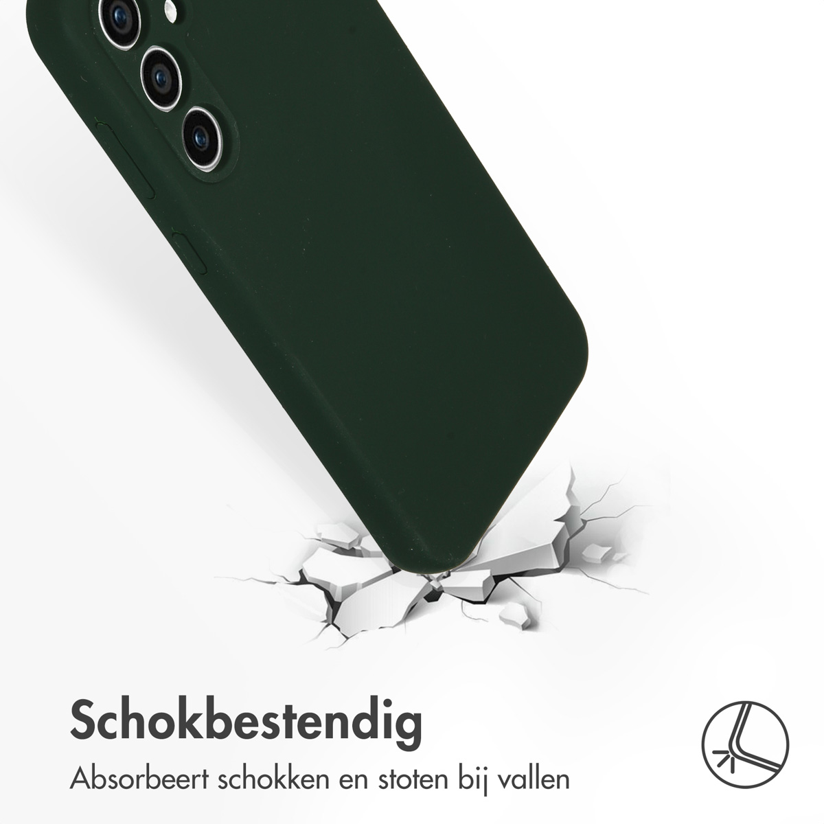 Een donkergroene telefoonhoes die op een oppervlak valt, barsten veroorzaakt. Tekst: 'Schokbestendig'.