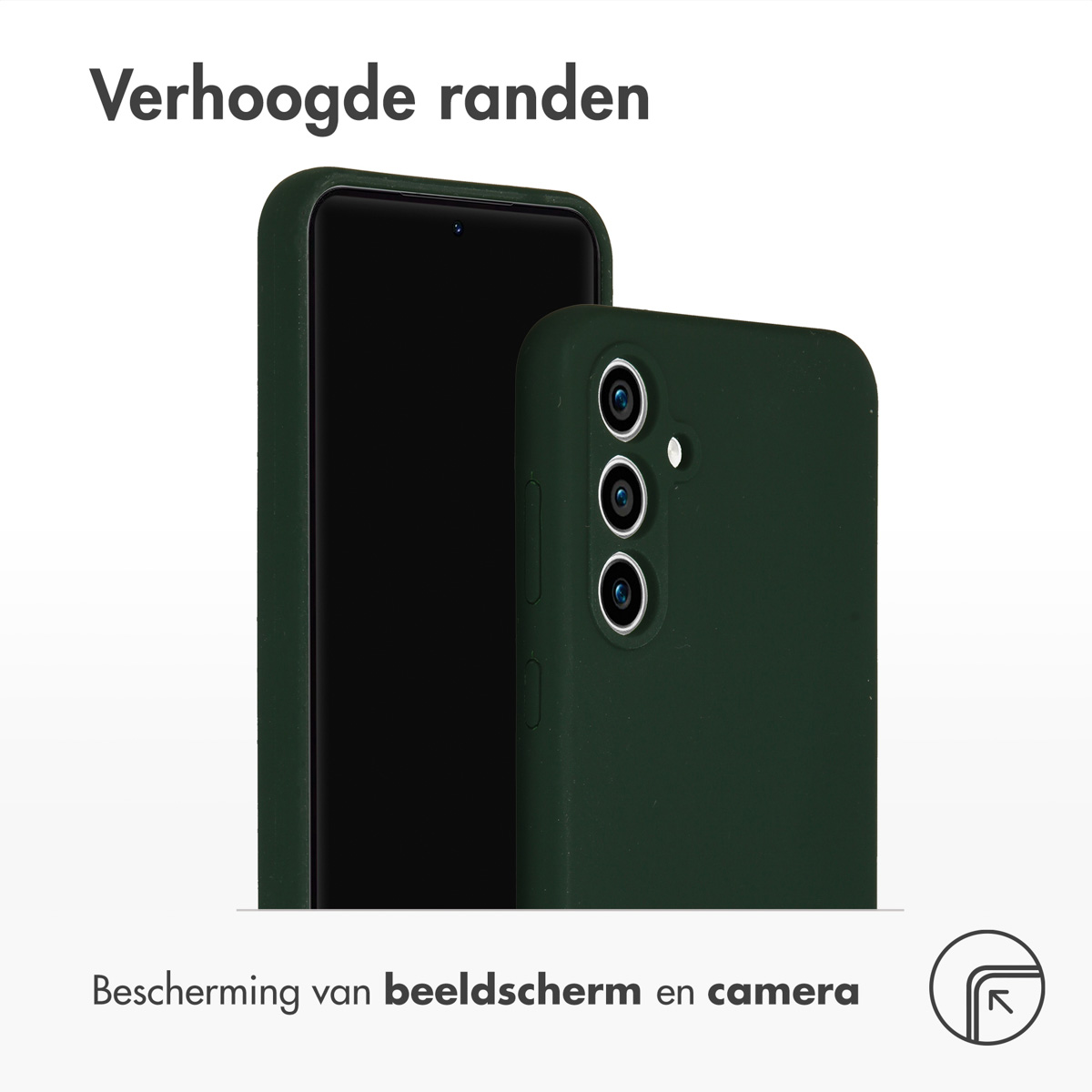 Donkergroene telefoonhoes met telefoon. De hoes heeft verhoogde randen. Scherm is zwart.