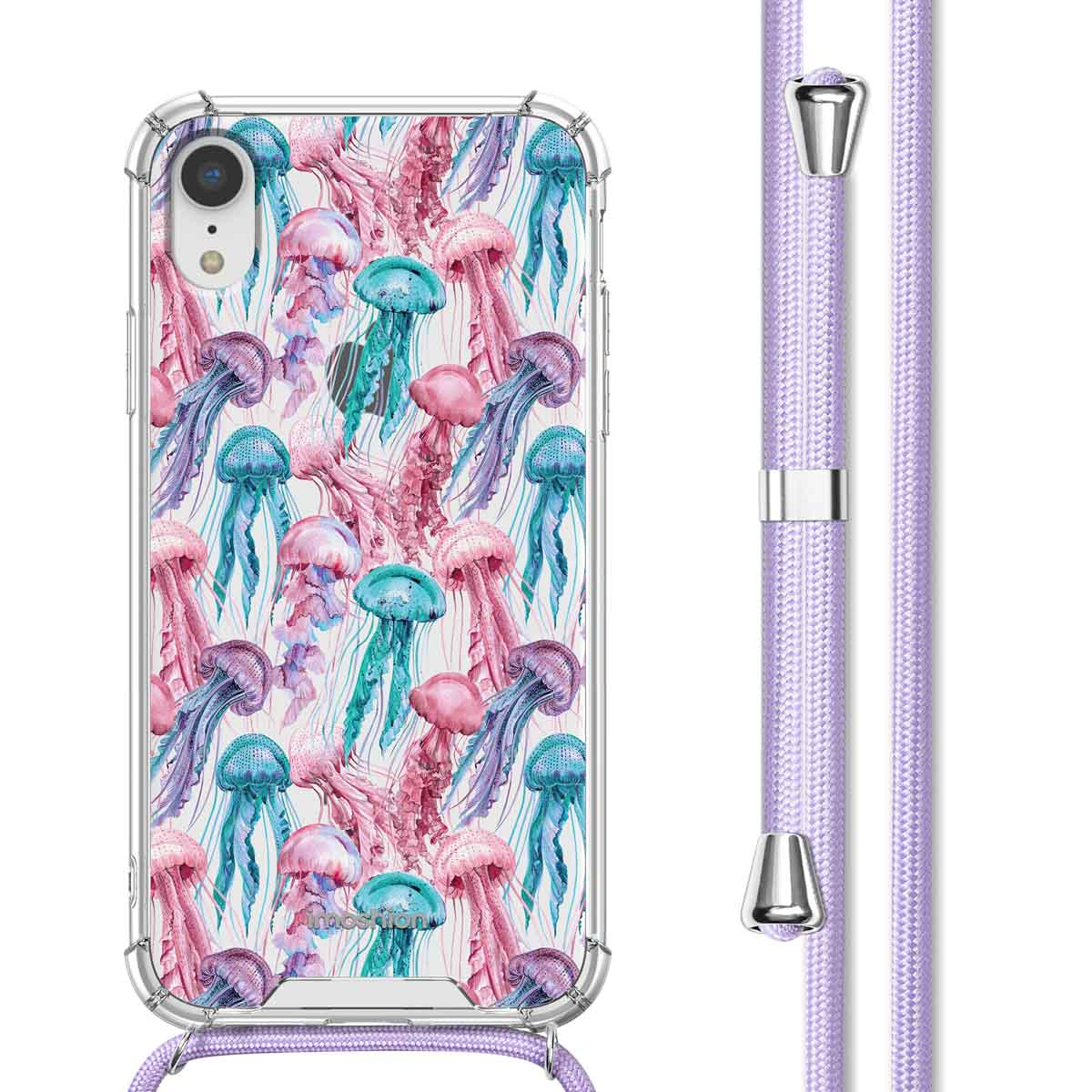 Telefoonhoesje met een kwallenpatroon en een paarse nekband.