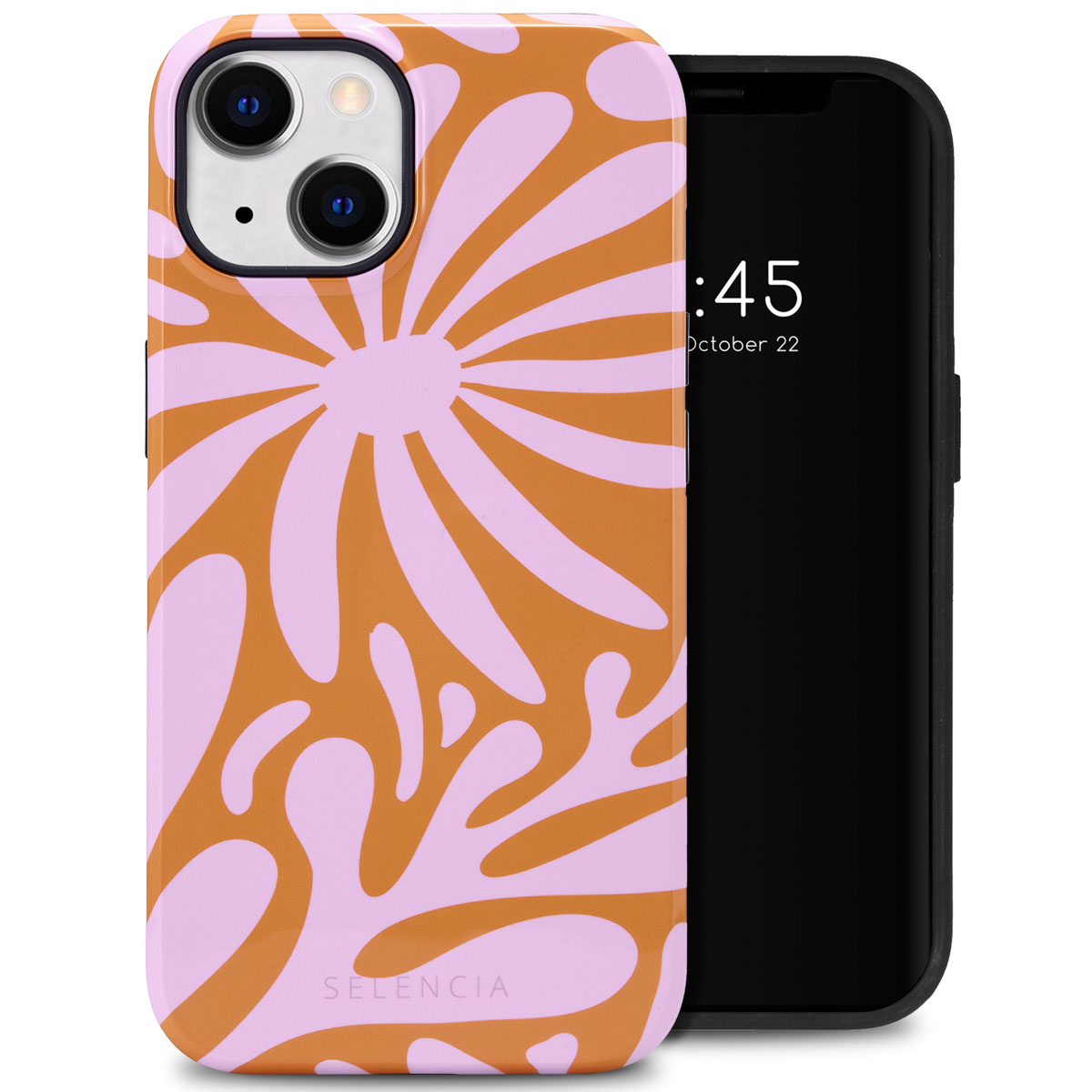 Roze en oranje bloemenpatroon telefoonhoesje op een zwarte telefoon. De telefoon toont de tijd, 22 oktober.