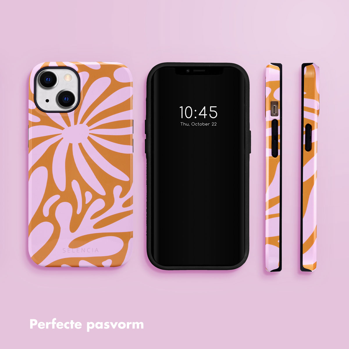 Een telefoon met een roze en oranje hoes. De hoes zit aan de zijkanten van de telefoon.
