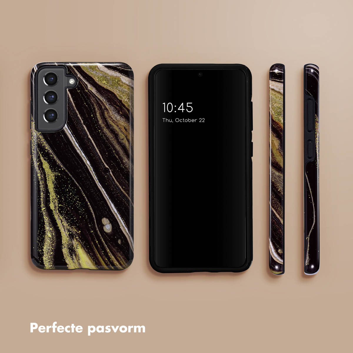 Custodie per telefono, una con un design marmoreo, che mostra vestibilità e funzione.