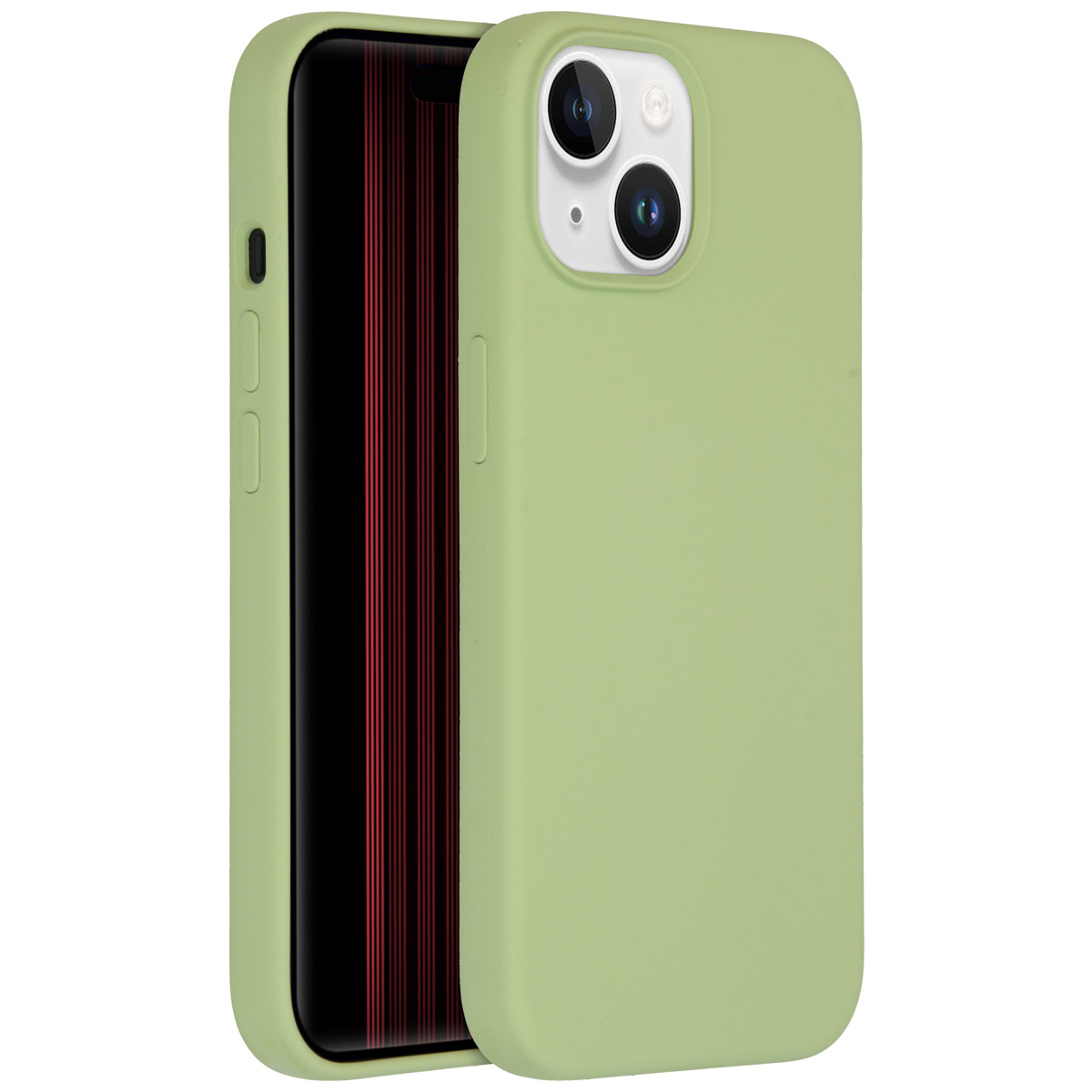 Een groene telefoonhoes met een telefoon erin. Het telefoonscherm is zwart met rode lijnen.