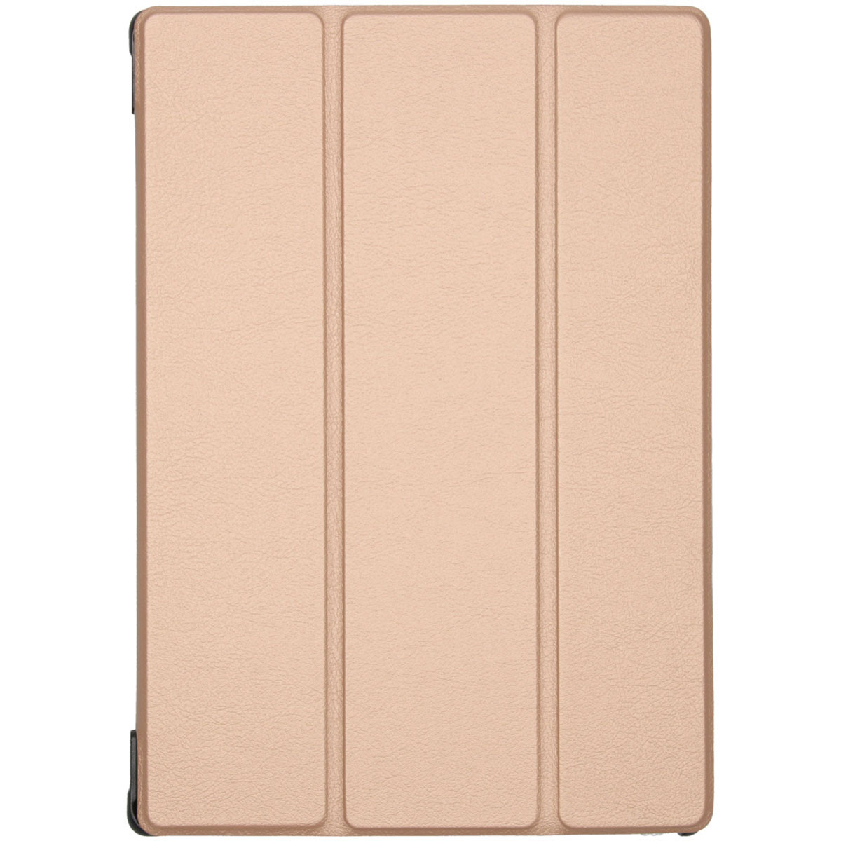 Een beige tablet hoes, gesloten. De hoes heeft een textuur met drie verticale lijnen.