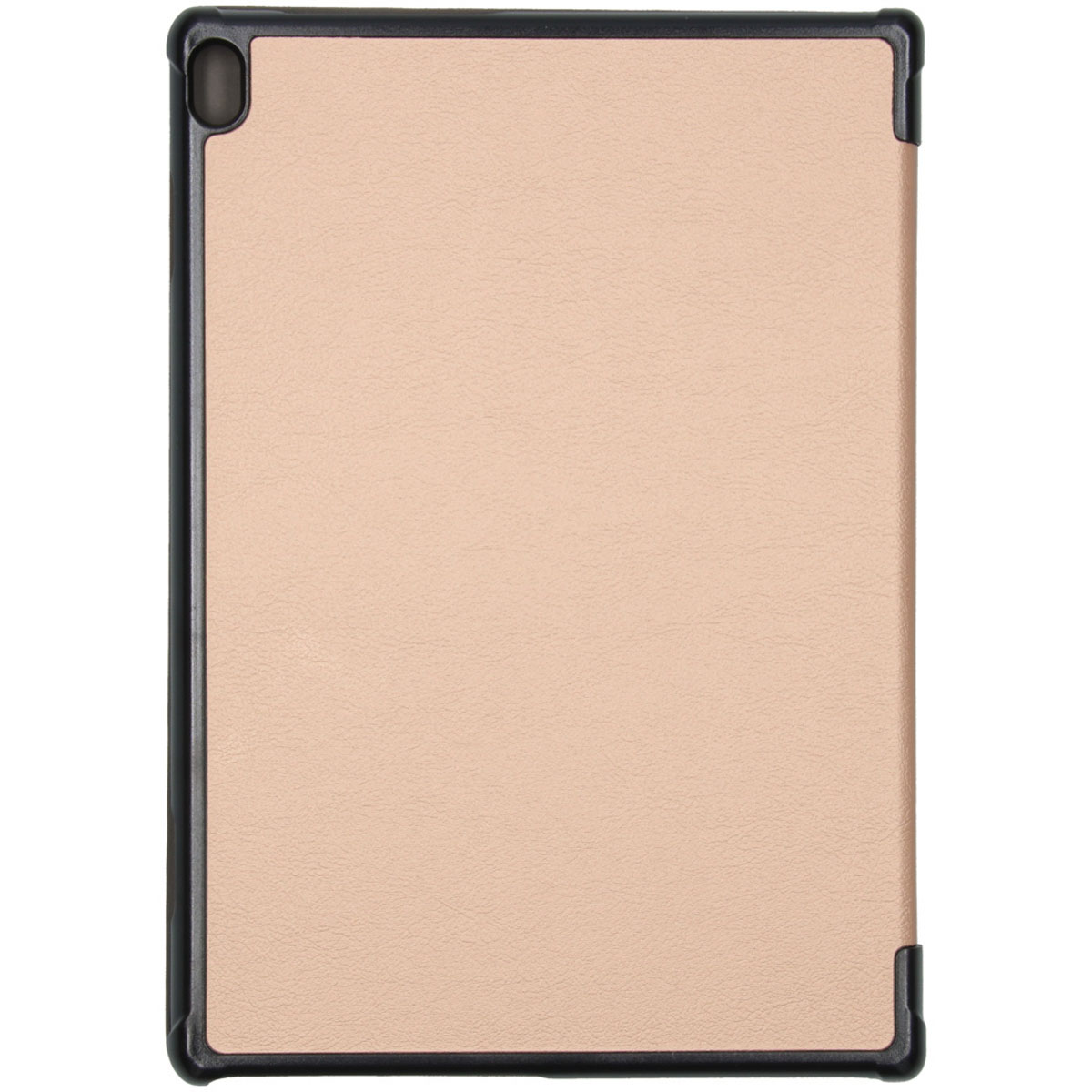 Een tablethoes, roze binnenkant, zwart frame en een cameragat.
