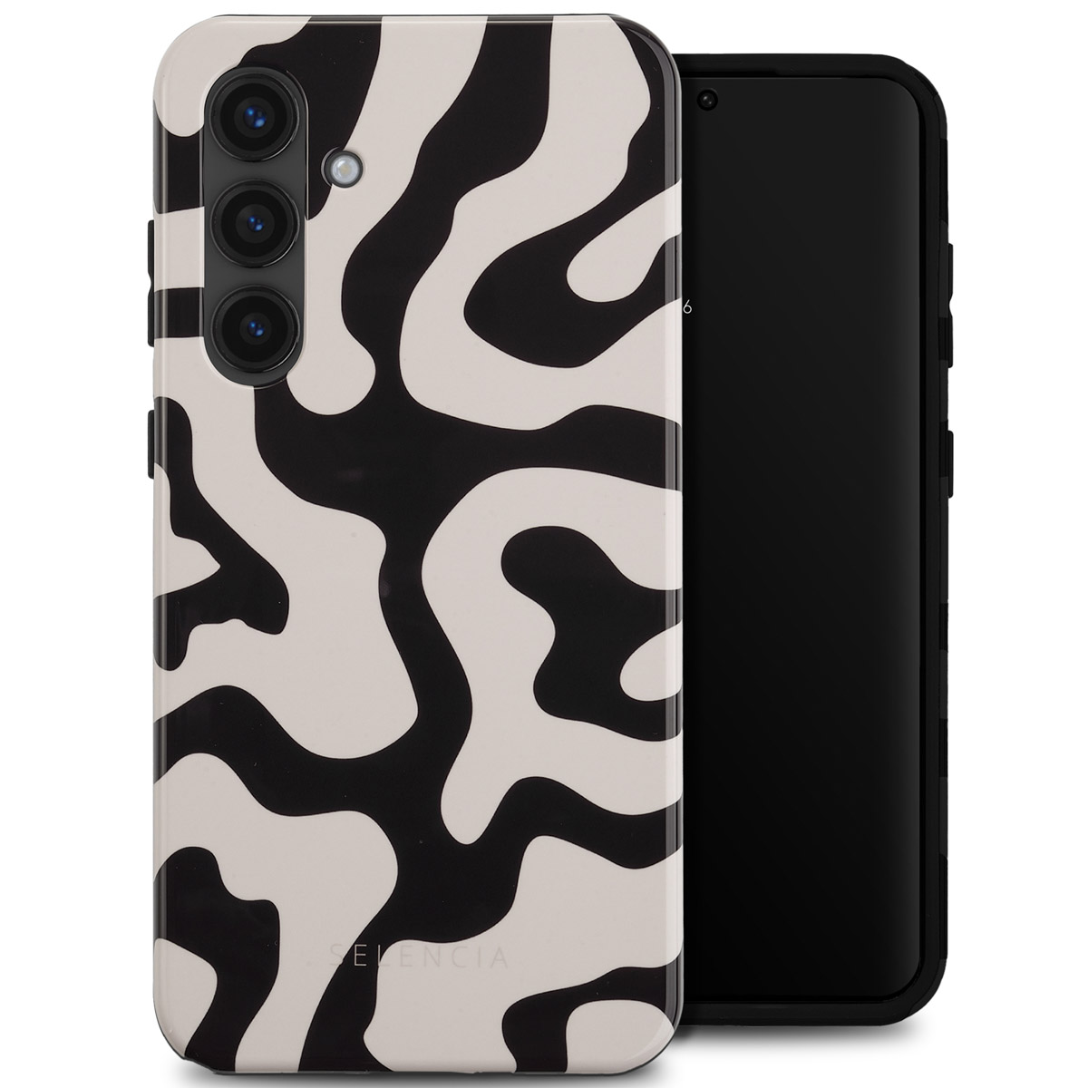 Telefoonhoesje met zwart-wit design. Zwarte telefoon binnenin. Witte achtergrond.