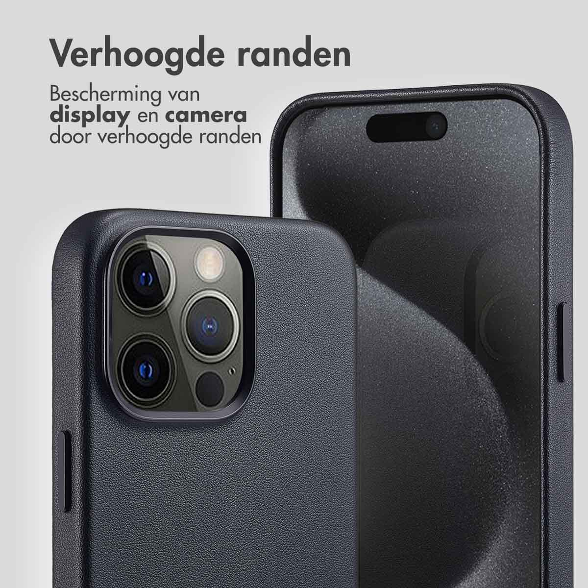 Close-up van een zwarte telefoonhoes met verhoogde randen. Tekst: Bescherming voor display en camera.