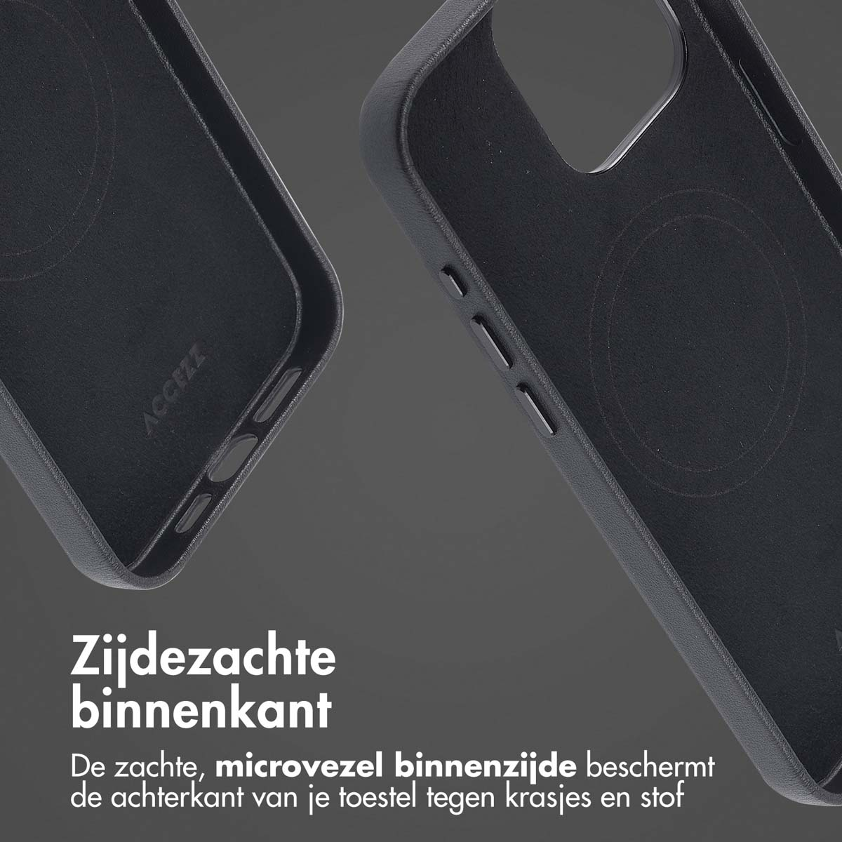 Zwart telefoonhoesje van binnen. Toont een cirkel en de merknaam.