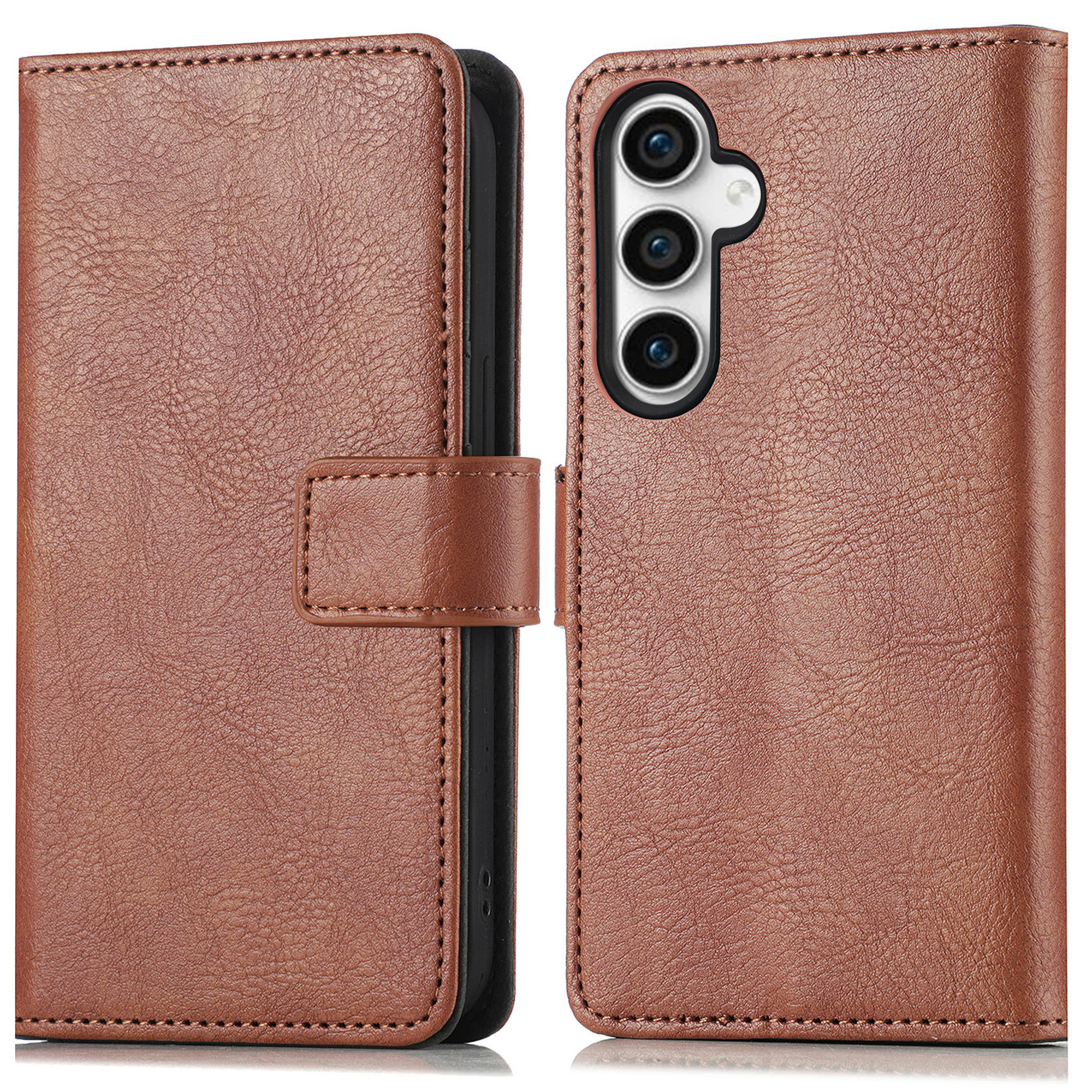 Bruine leren telefoonhoes, open en dicht, die de telefoon toont.