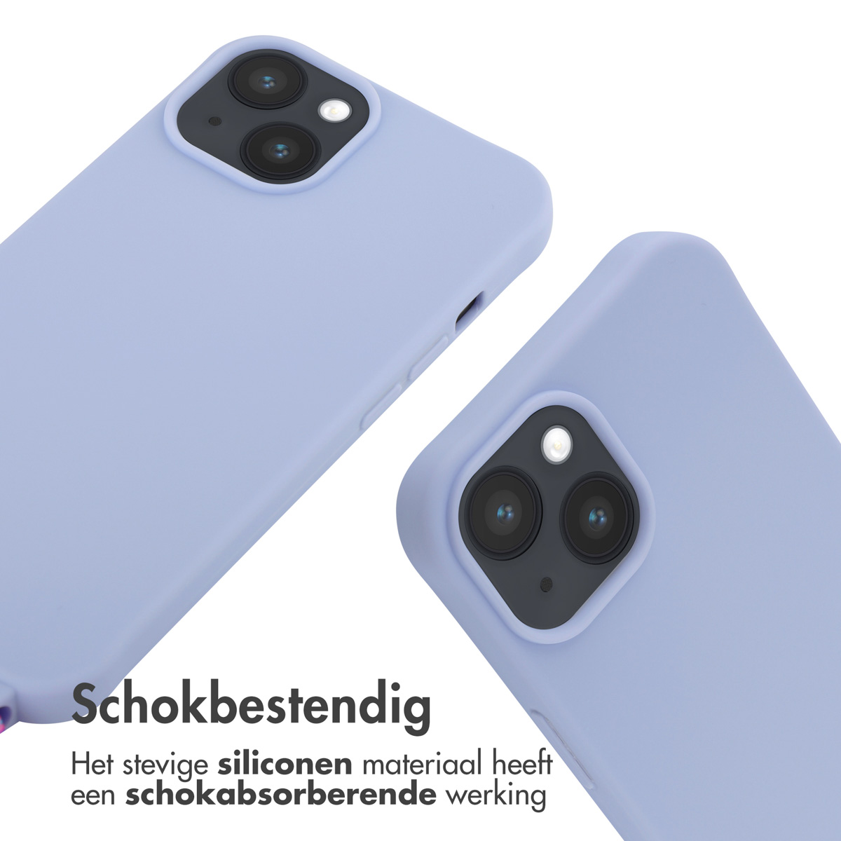 Zwei hellviolette Handyhüllen. Text: Stoßfest. Das Material absorbiert Stöße.