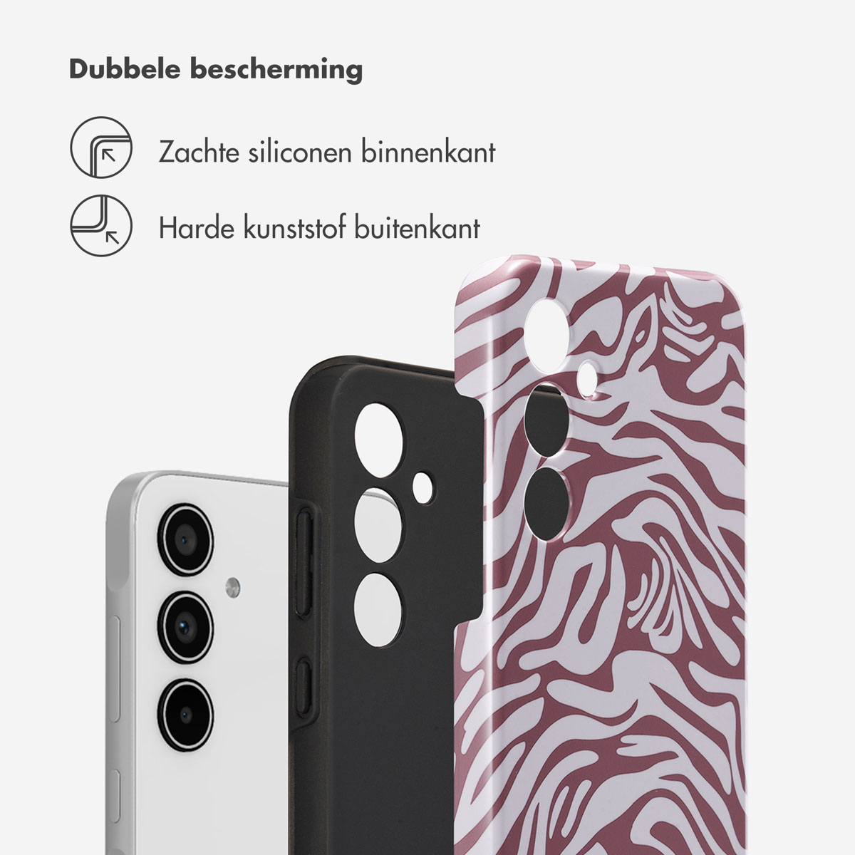 Tre custodie per telefono: una bianca, una nera e una con stampa zebrata, che mostra la doppia protezione.