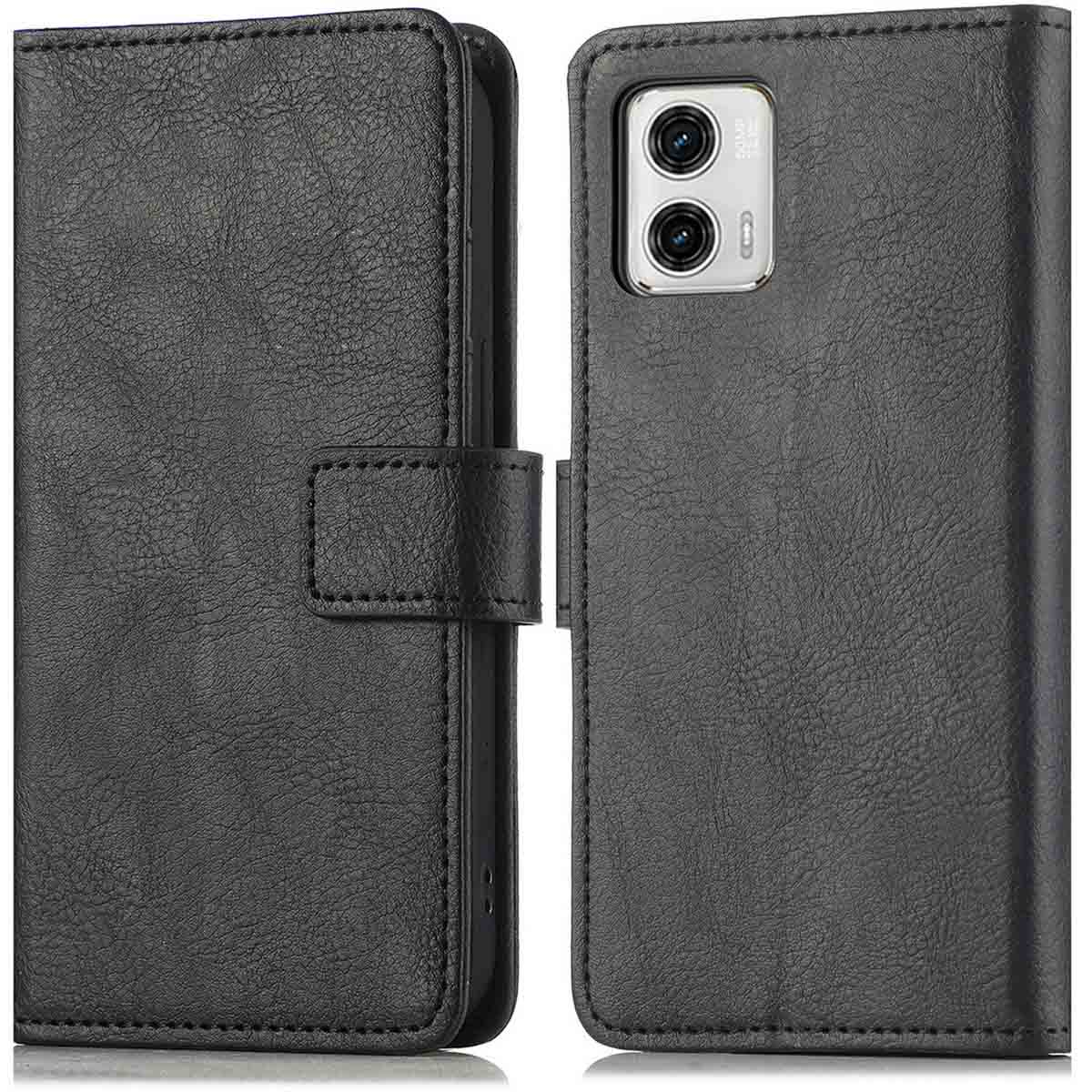 Étui de téléphone en cuir noir, fermé. Deux côtés montrés. Le téléphone est à l'intérieur et fixé.