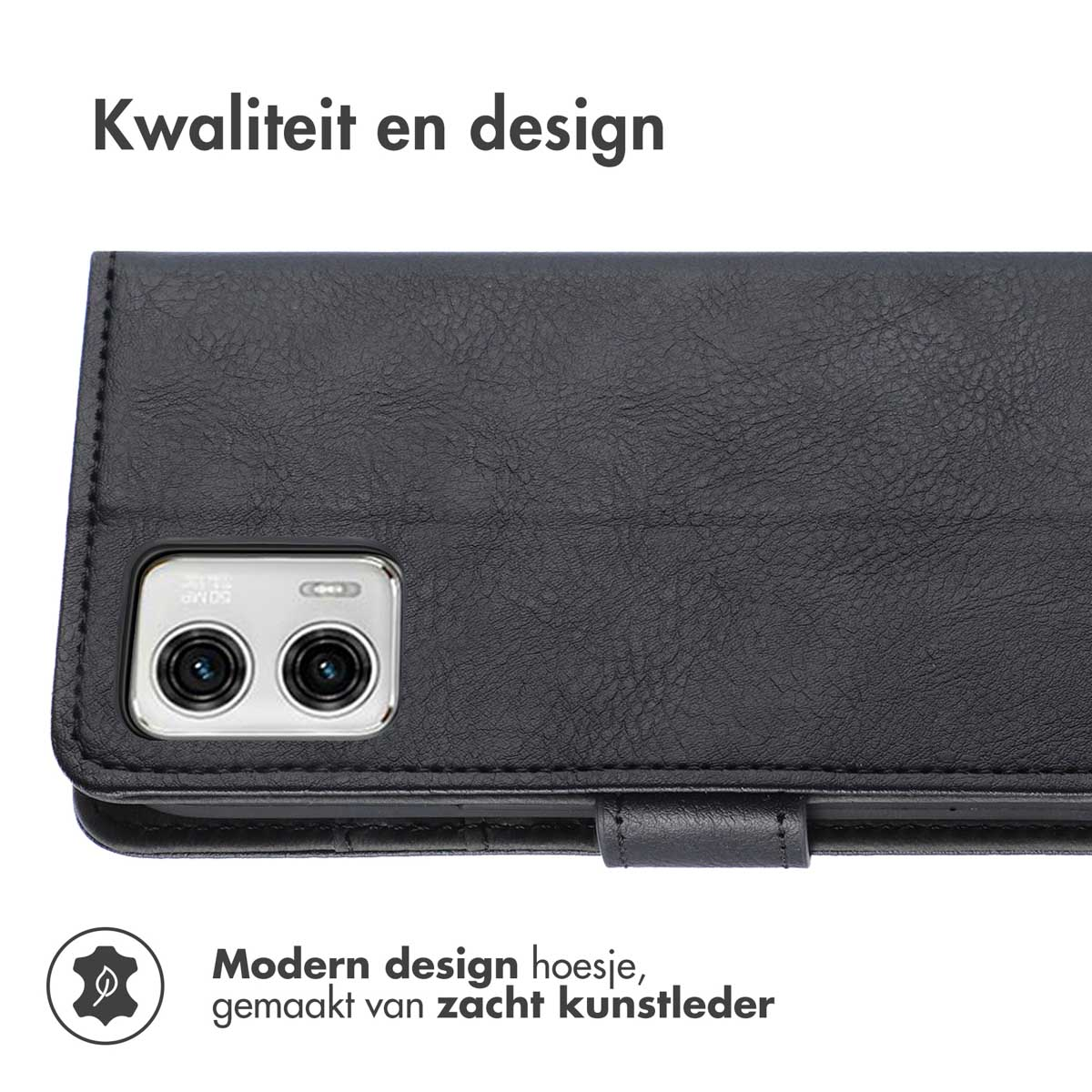 Une coque noire fermée, avec caméra. Texte : Design moderne, en similicuir souple.