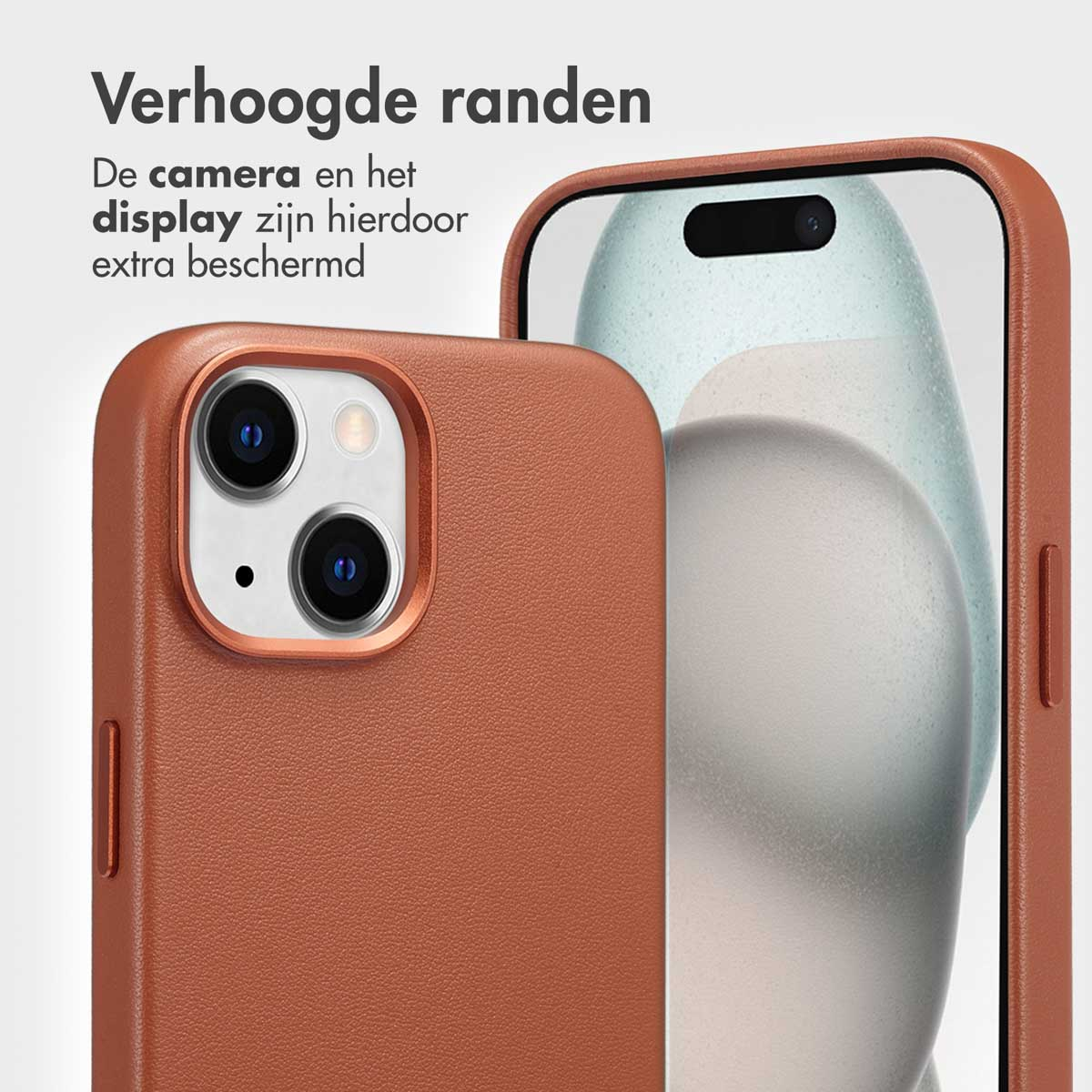 Bruine telefoonhoes en telefoon. Tekst 'Verhoogde randen' en bescherming van scherm en camera zichtbaar.
