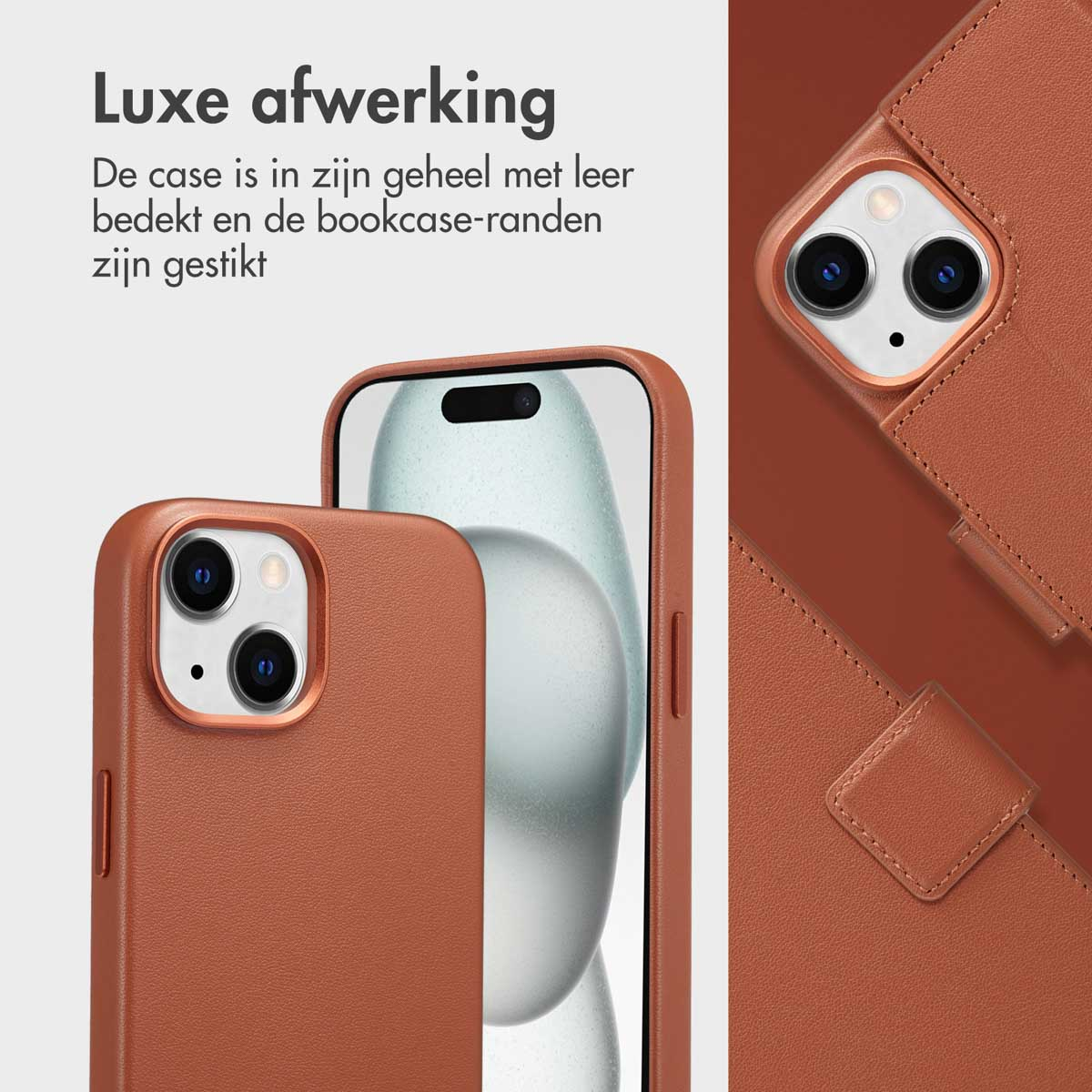 Twee bruine leren telefoonhoesjes. Eén hoesje is open en toont het telefoonscherm. De andere is gesloten.