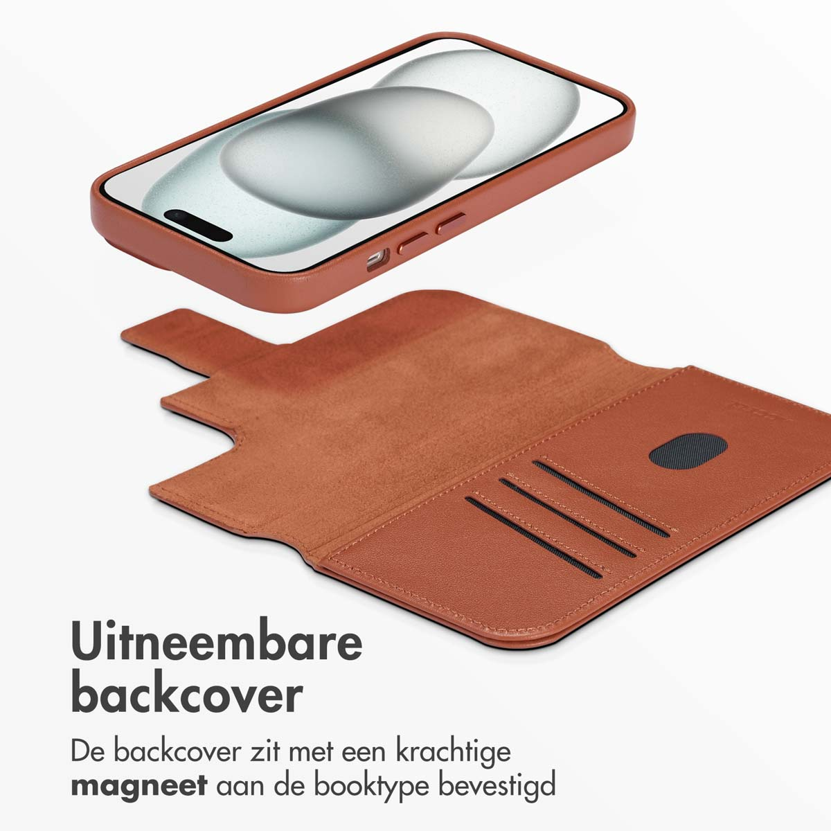 Telefoonhoesje met een telefoon erin. Bruin, met magnetische sluiting en kaartsleuven.
