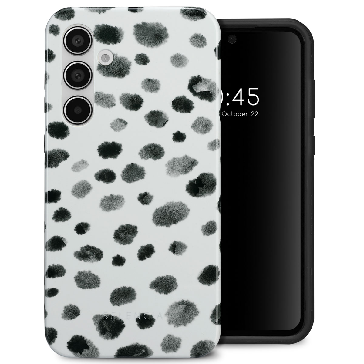 Custodia bianca per telefono con pois neri. Telefono nero all'interno. Sfondo bianco.