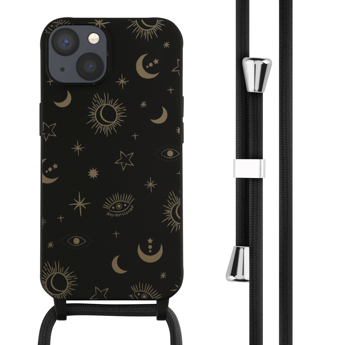 Zwart telefoonhoesje met een hemels ontwerp in goud. Een zwart koord is bevestigd, met metalen stukken.
