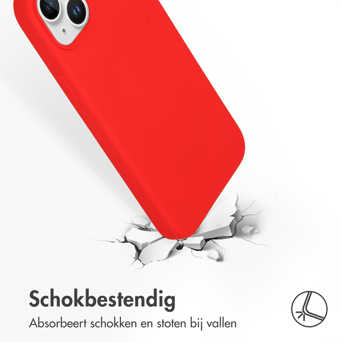 Rode telefoonhoes valt en breekt een oppervlak. Tekst: 'Schokbestendig'.