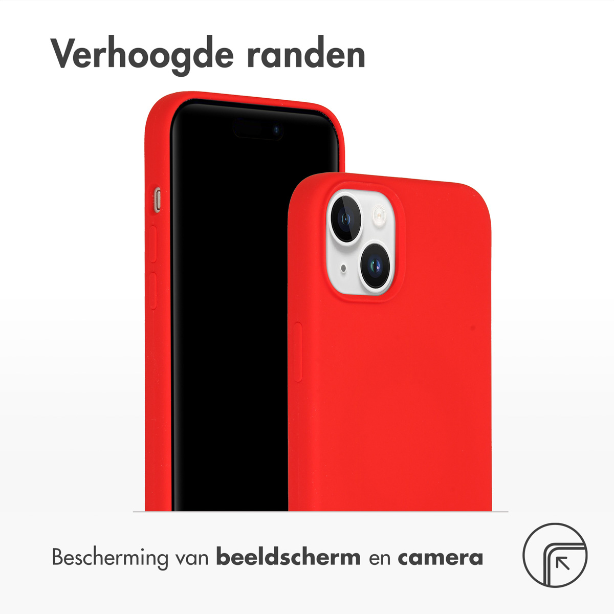 Twee telefoons in rode hoesjes, die scherm- en camerabescherming tonen.
