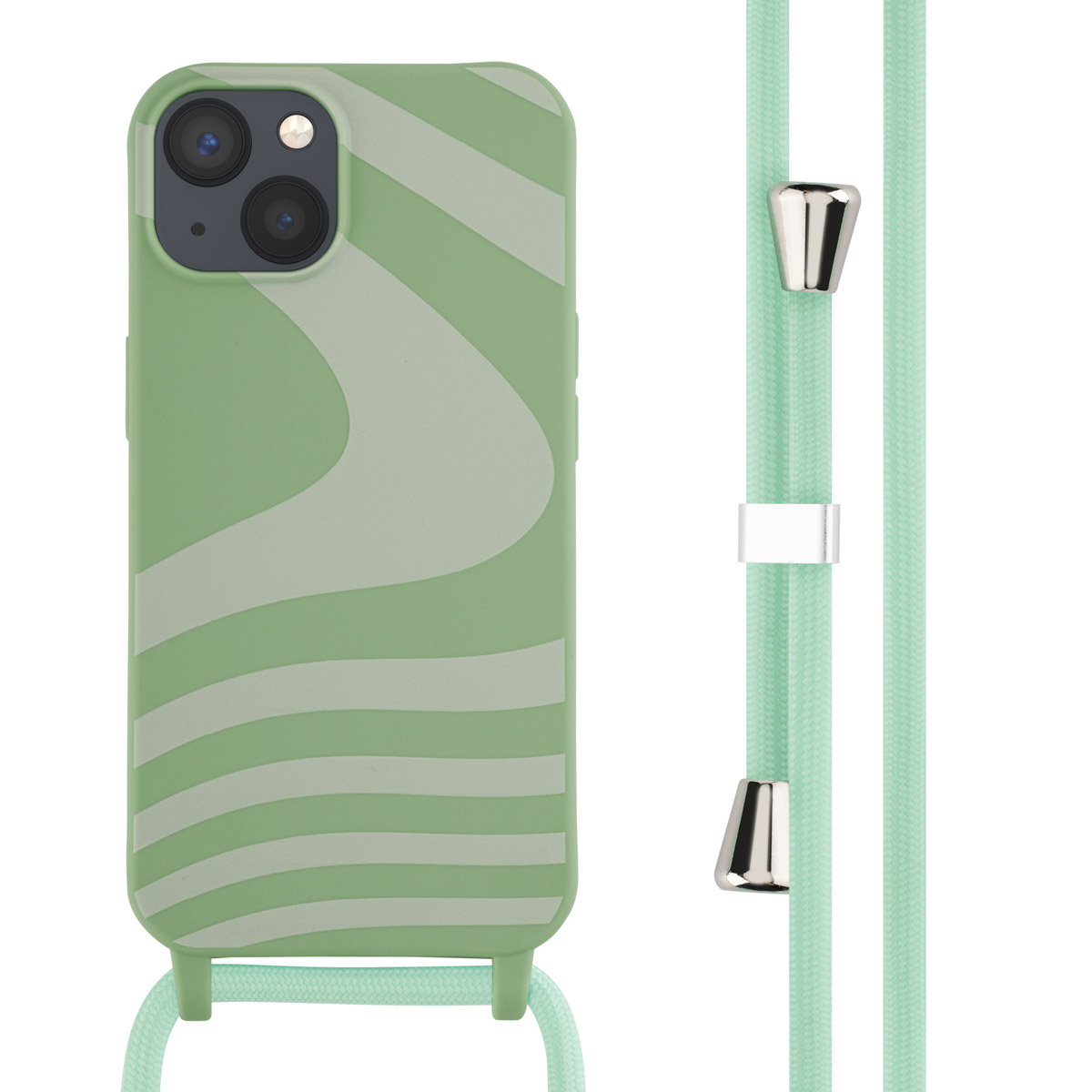 Groene telefoonhoes met een bandje en een golvend ontwerp.