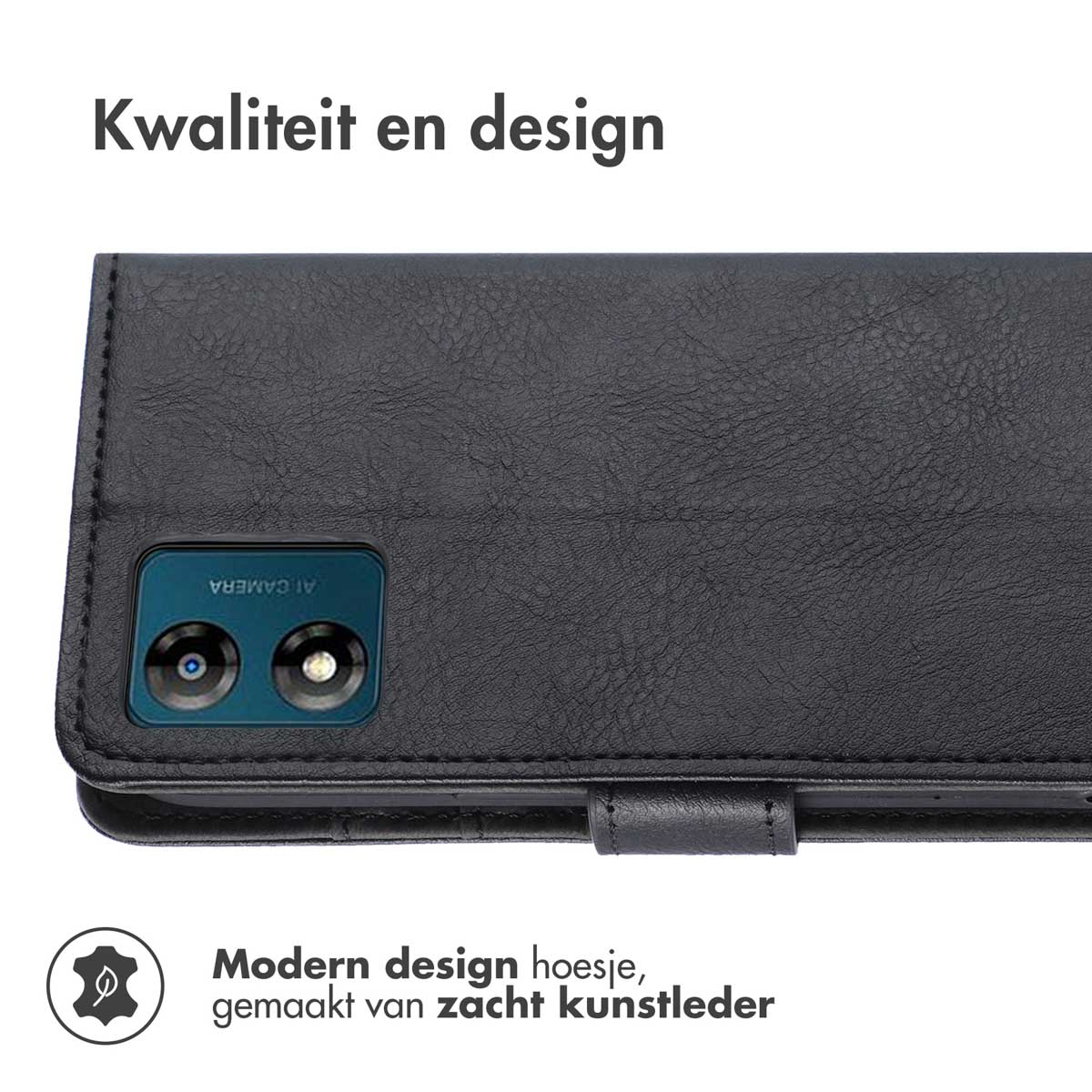 Een zwart telefoonhoesje, gesloten, met een camera. Tekst: Modern design hoesje, gemaakt van zacht imitatieleer.