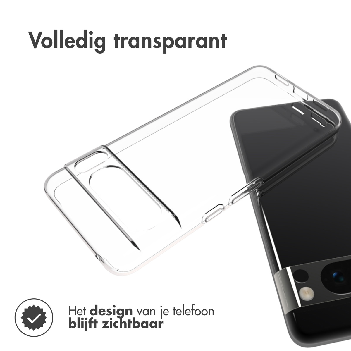 Custodia trasparente su un telefono. Testo: 'Totalmente trasparente'. Design del telefono visibile.