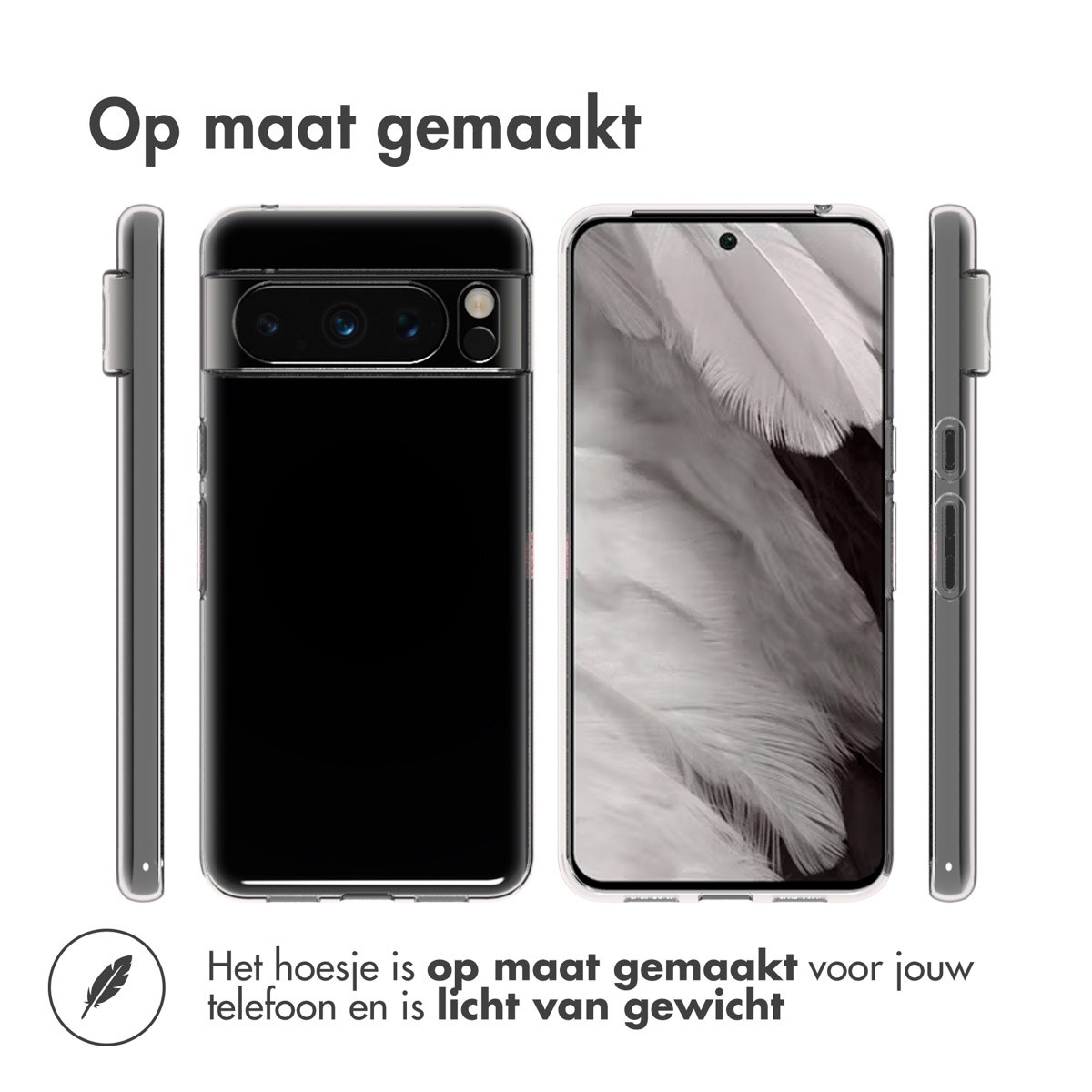 Telefoonhoesjes vanuit verschillende hoeken. Tekst 'Op maat gemaakt' en 'lichtgewicht' zijn zichtbaar.