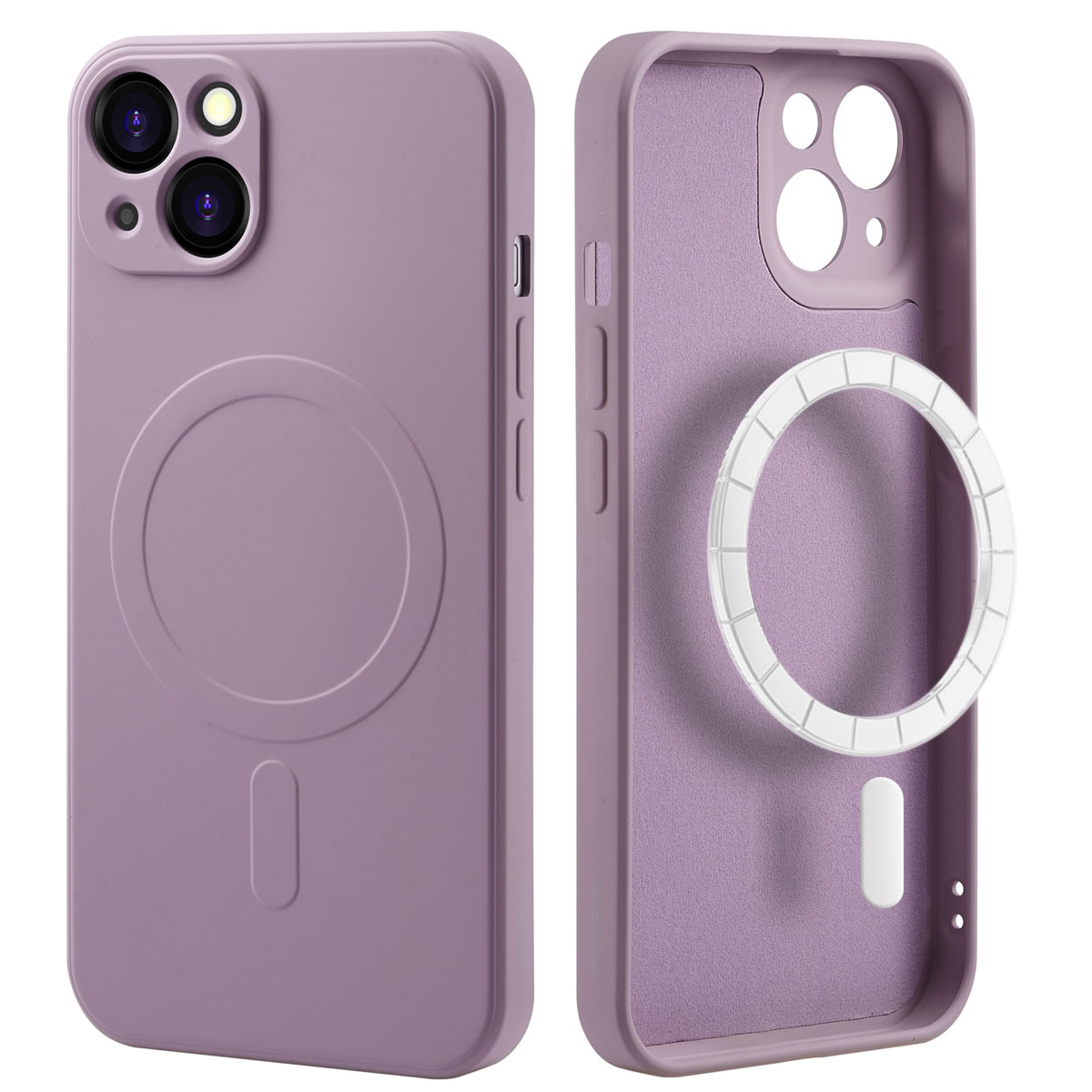 Twee telefoonhoesjes, paars en leeg, met een magnetische ring binnenin. Eén is open.